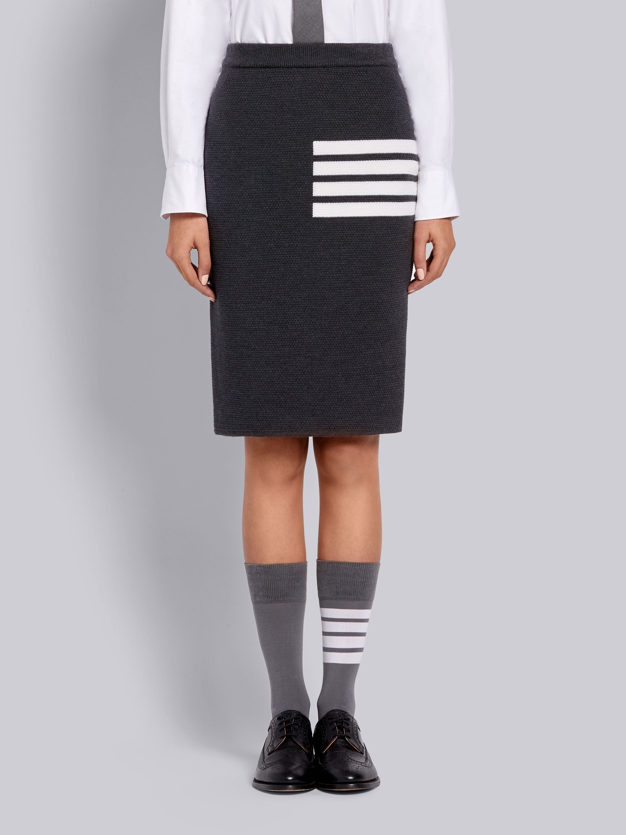 Dark Grey Fine Merino Wool Links Stitch 4-Bar Pencil Skirt - 1