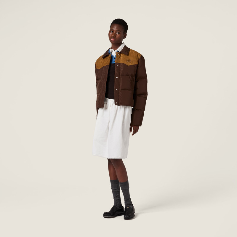 Miu Miu Technical pongé and leather down jacket outlook