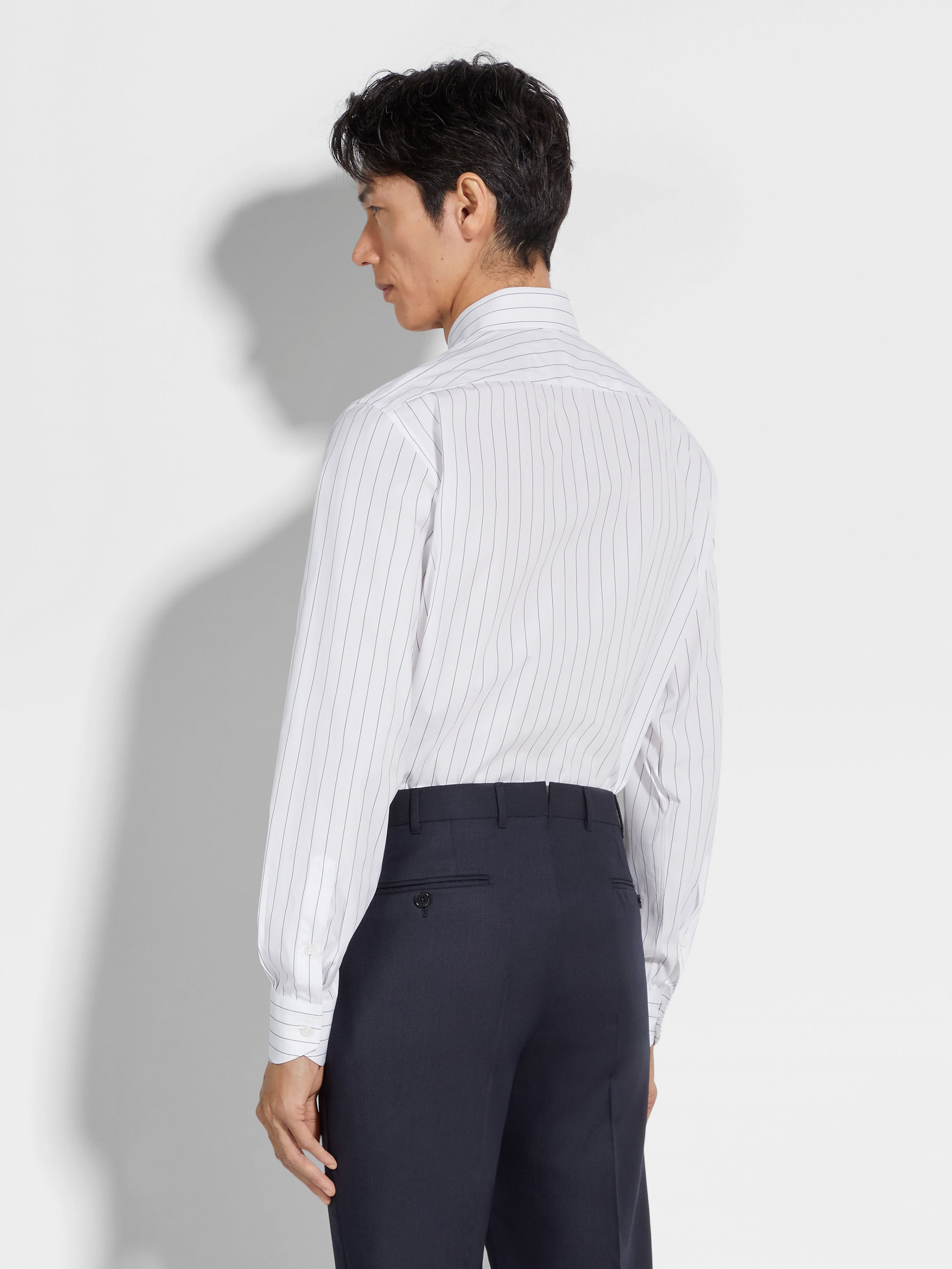 WHITE AND NAVY BLUE MACRO-STRIPED CENTOVENTIMILA COTTON SHIRT - 5