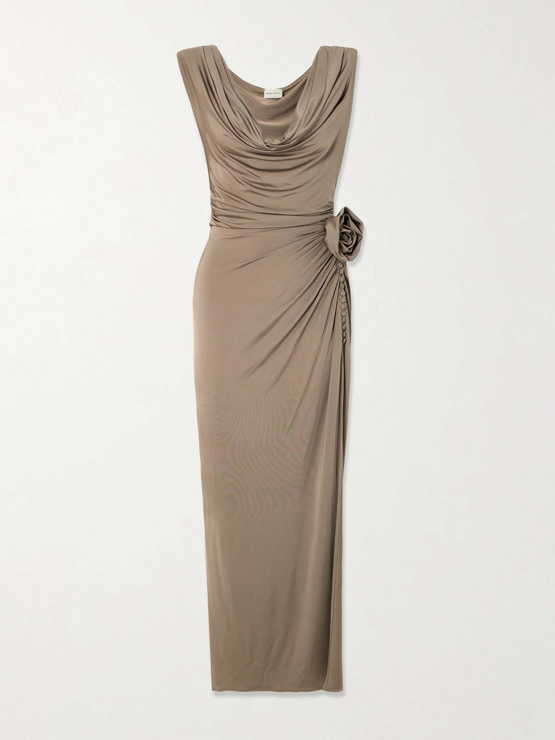 appliqud draped satin-jersey maxi dress
