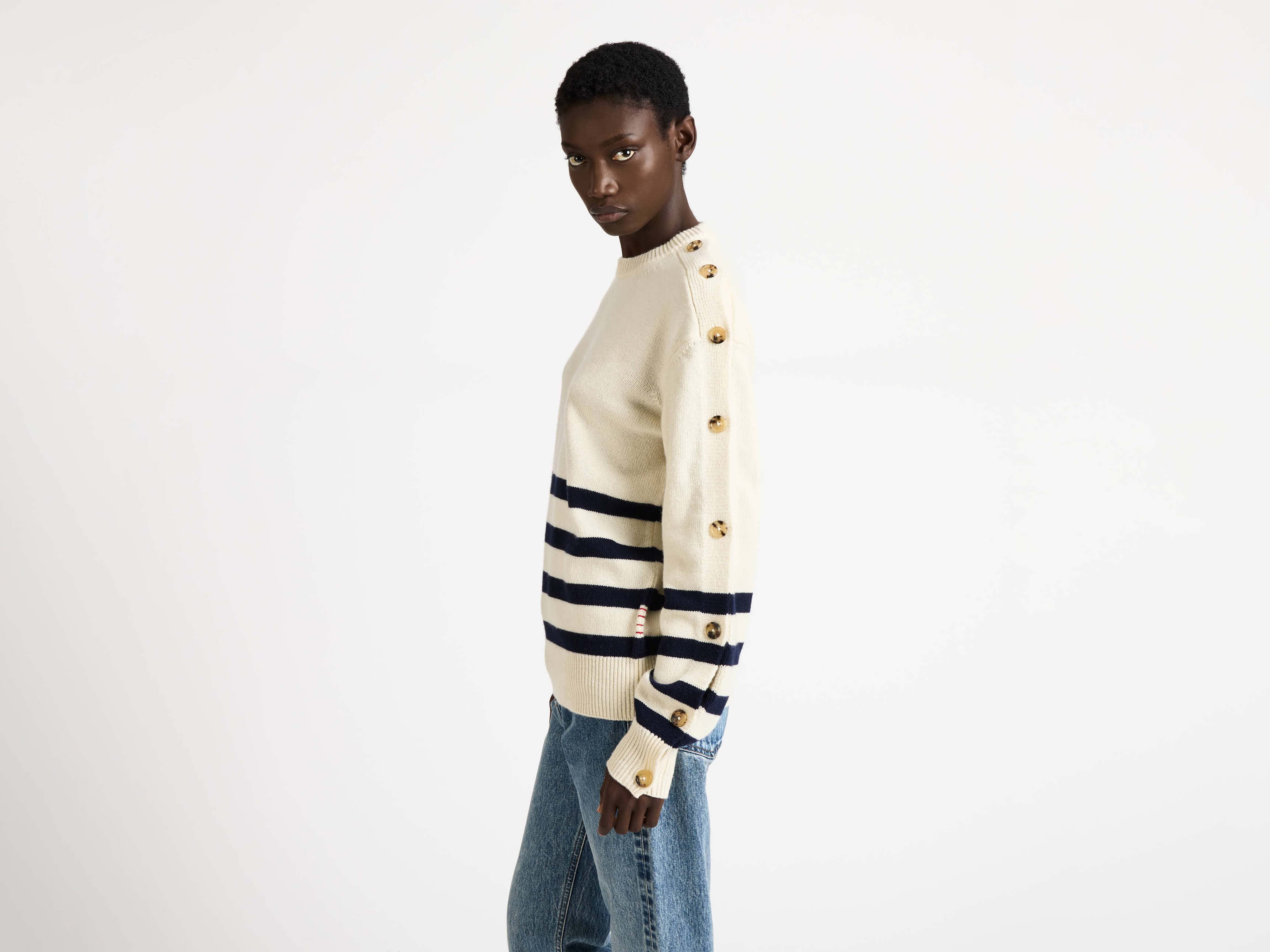 BUTTONED SLEEVE BRETON JUMPER IN IVORY - 5