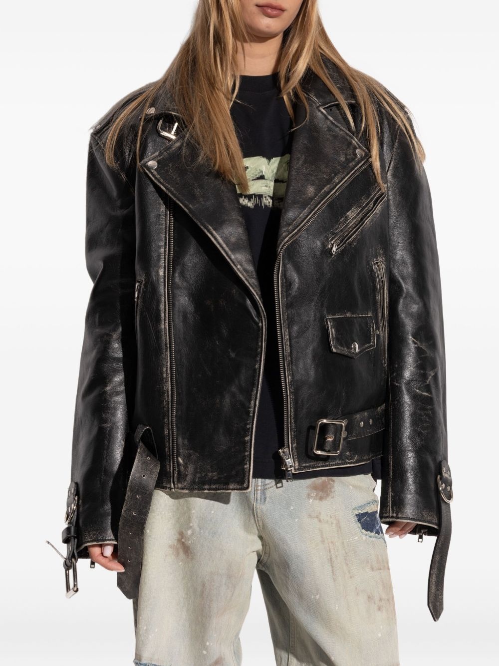 belted distressed leather jacket - 3