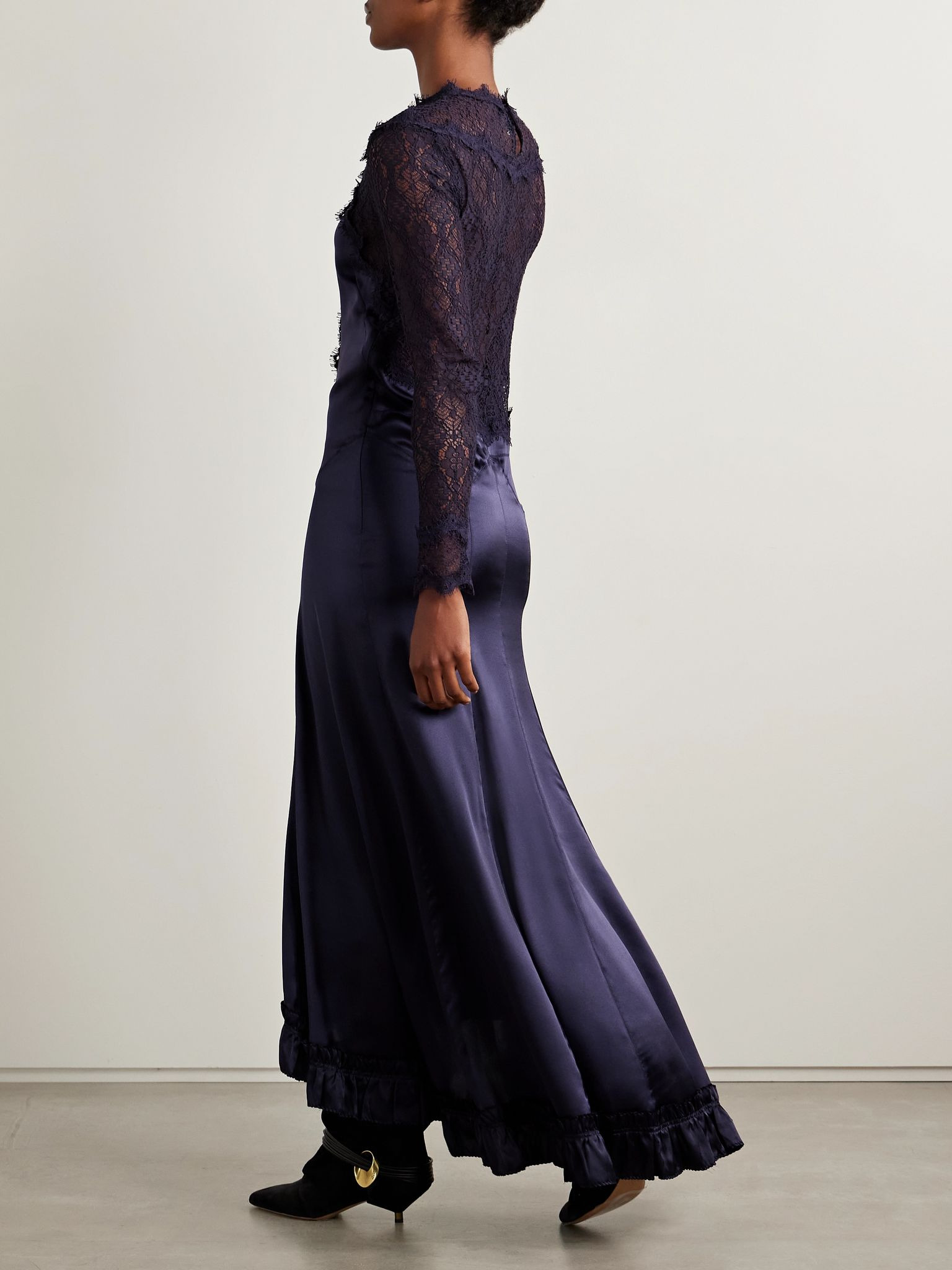 Dolores silk-blend satin and corded lace maxi dress Black - 4