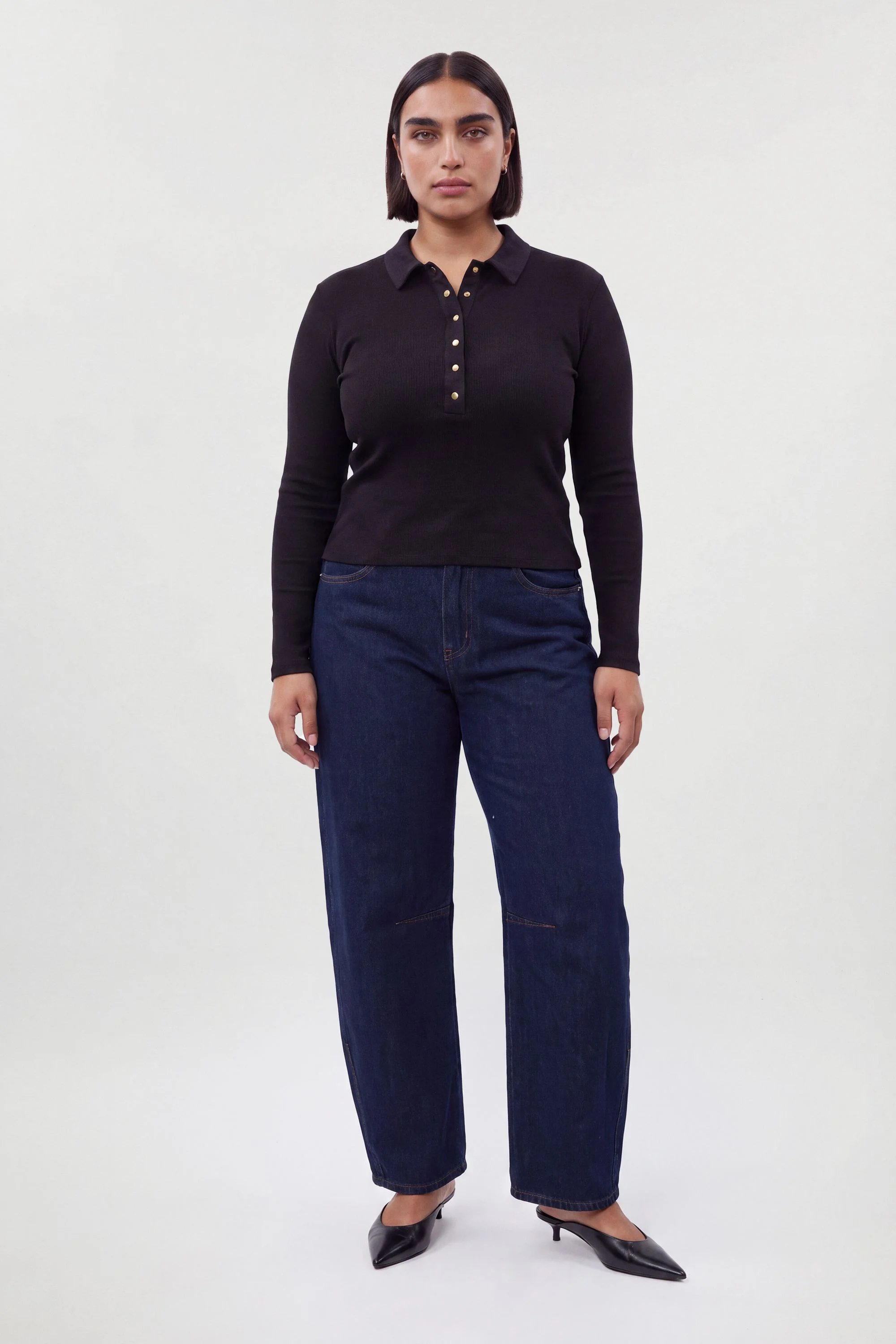 Plus Size Viscose Rib Jersey Long Sleeve Collared Button Top - 1