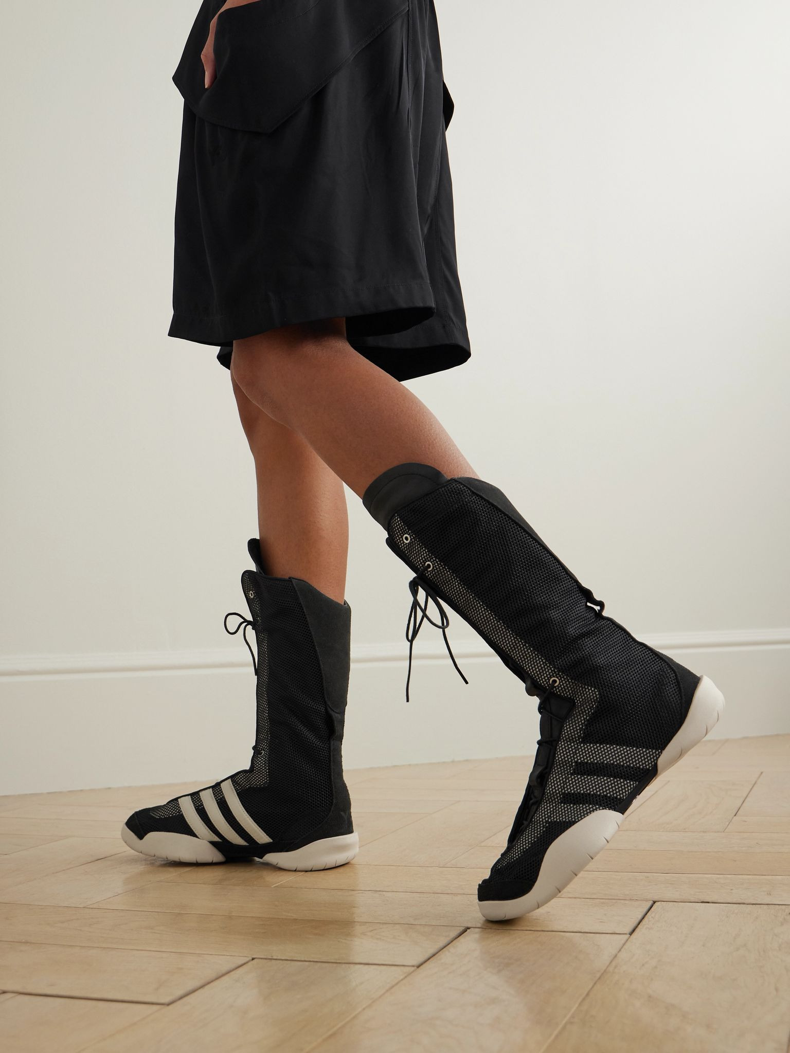 + Y-3 Regu leather and suede-trimmed mesh knee boots Black - 2