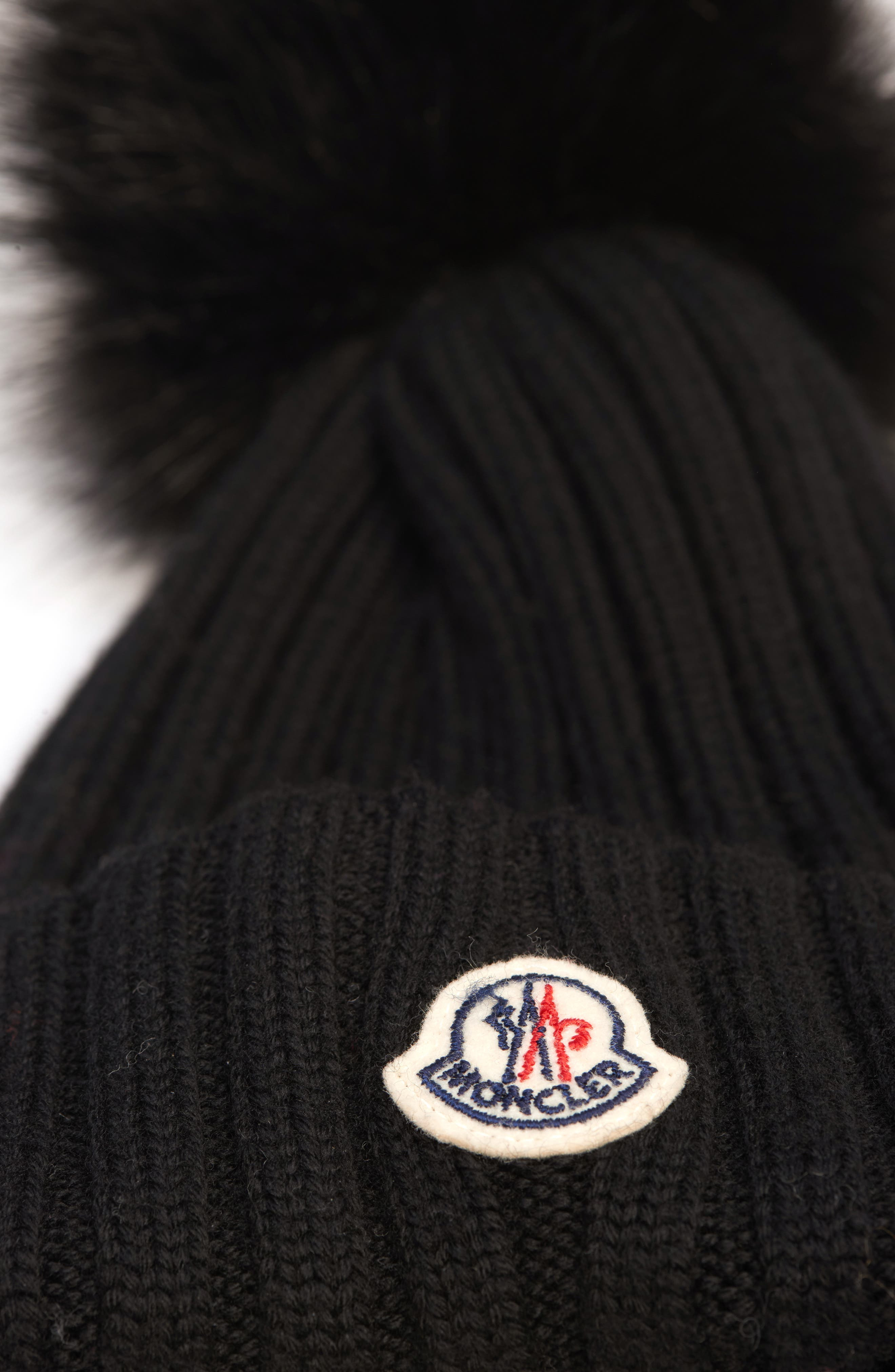 Moncler Virgin Wool Rib Beanie with Faux Fur Pompom in Black at Nordstrom - 3