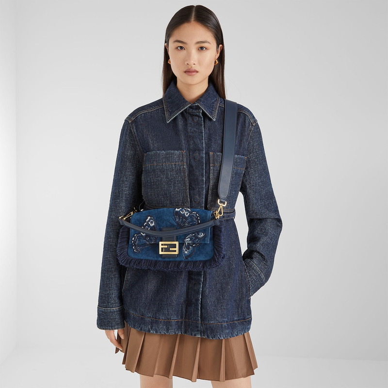 Baguette® Blue flocked denim bag with Night Butterfly embroidery 3