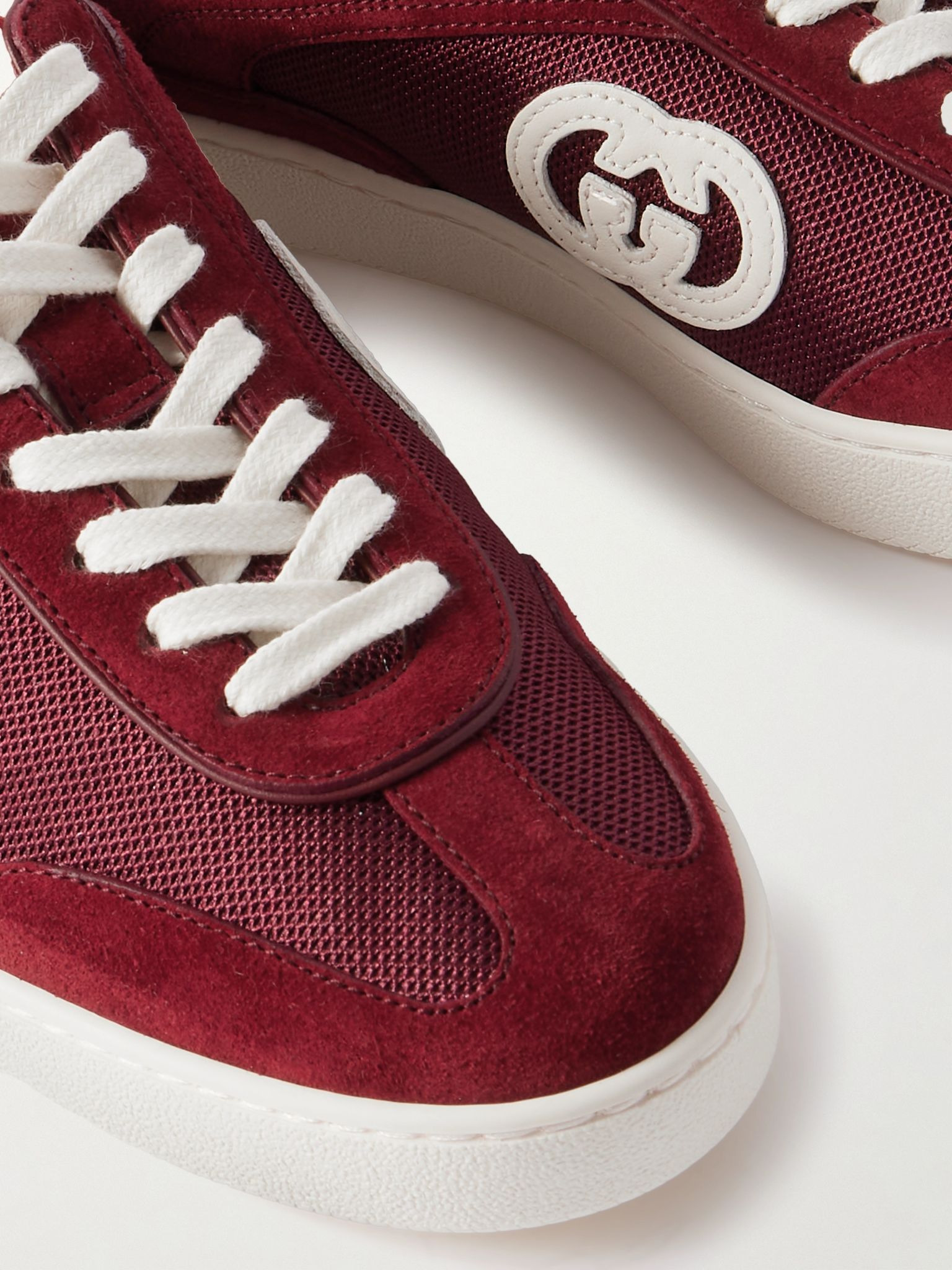 Leather-trimmed suede and mesh sneakers Burgundy - 4