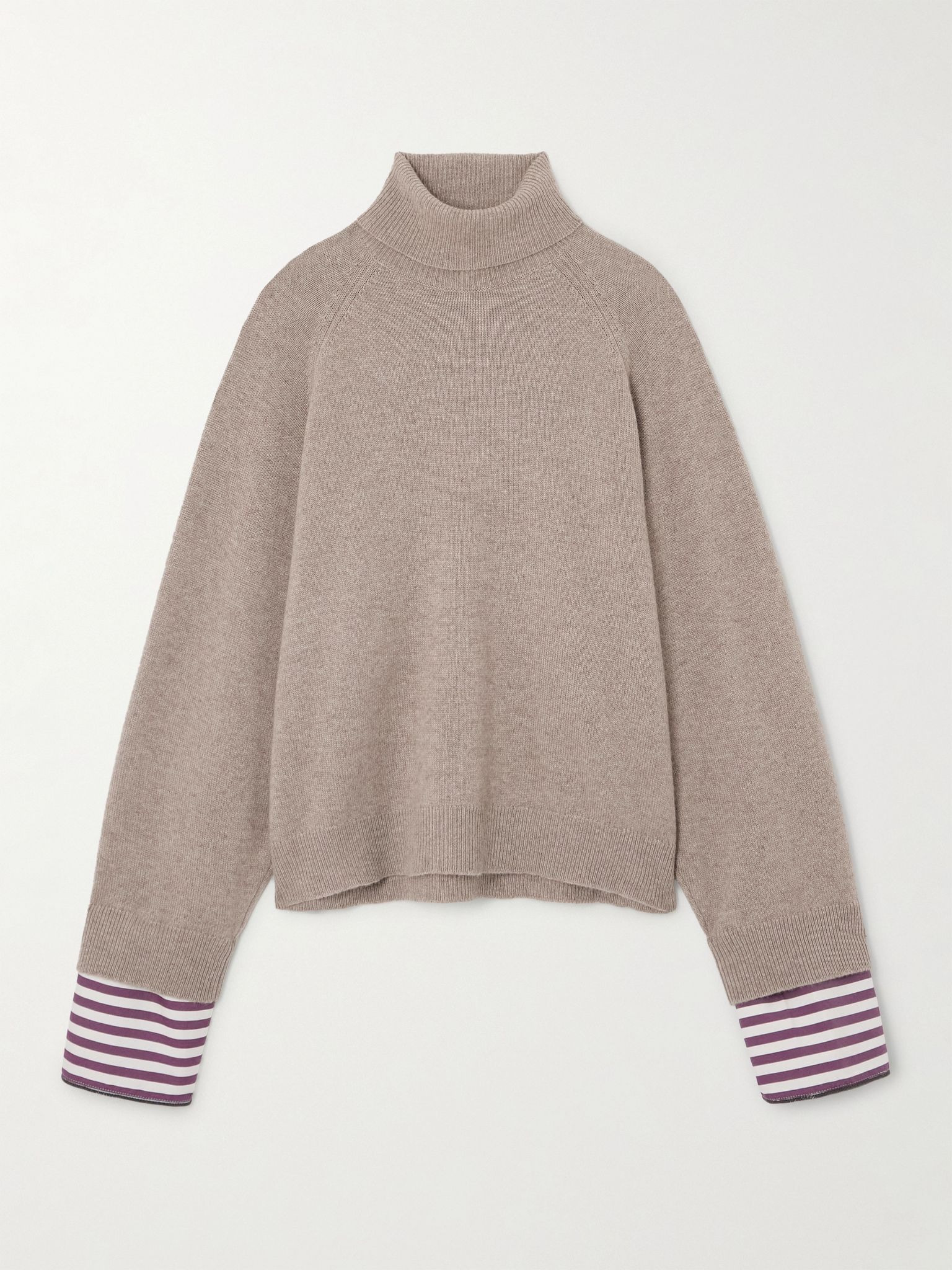 Striped poplin-trimmed cashmere turtleneck sweater Beige - 1