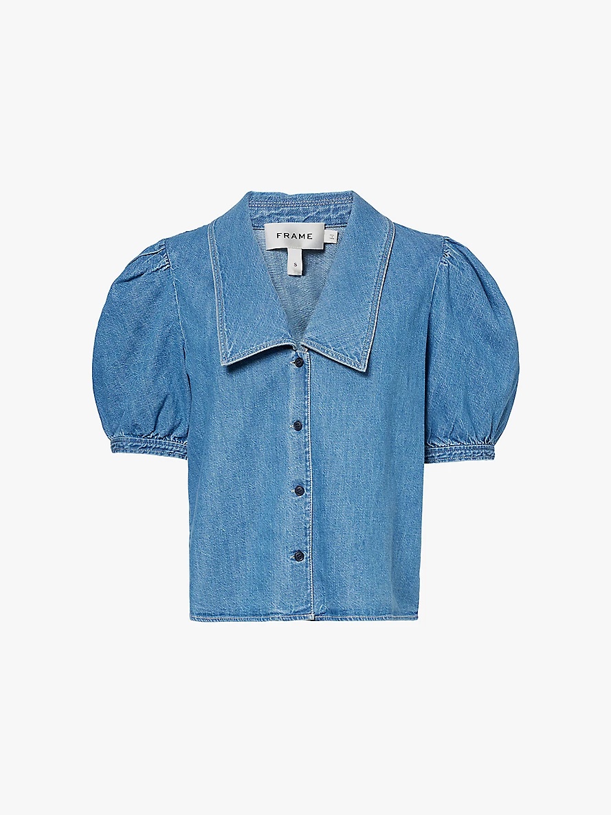 Short-sleeved button-through denim-blend blouse - 1