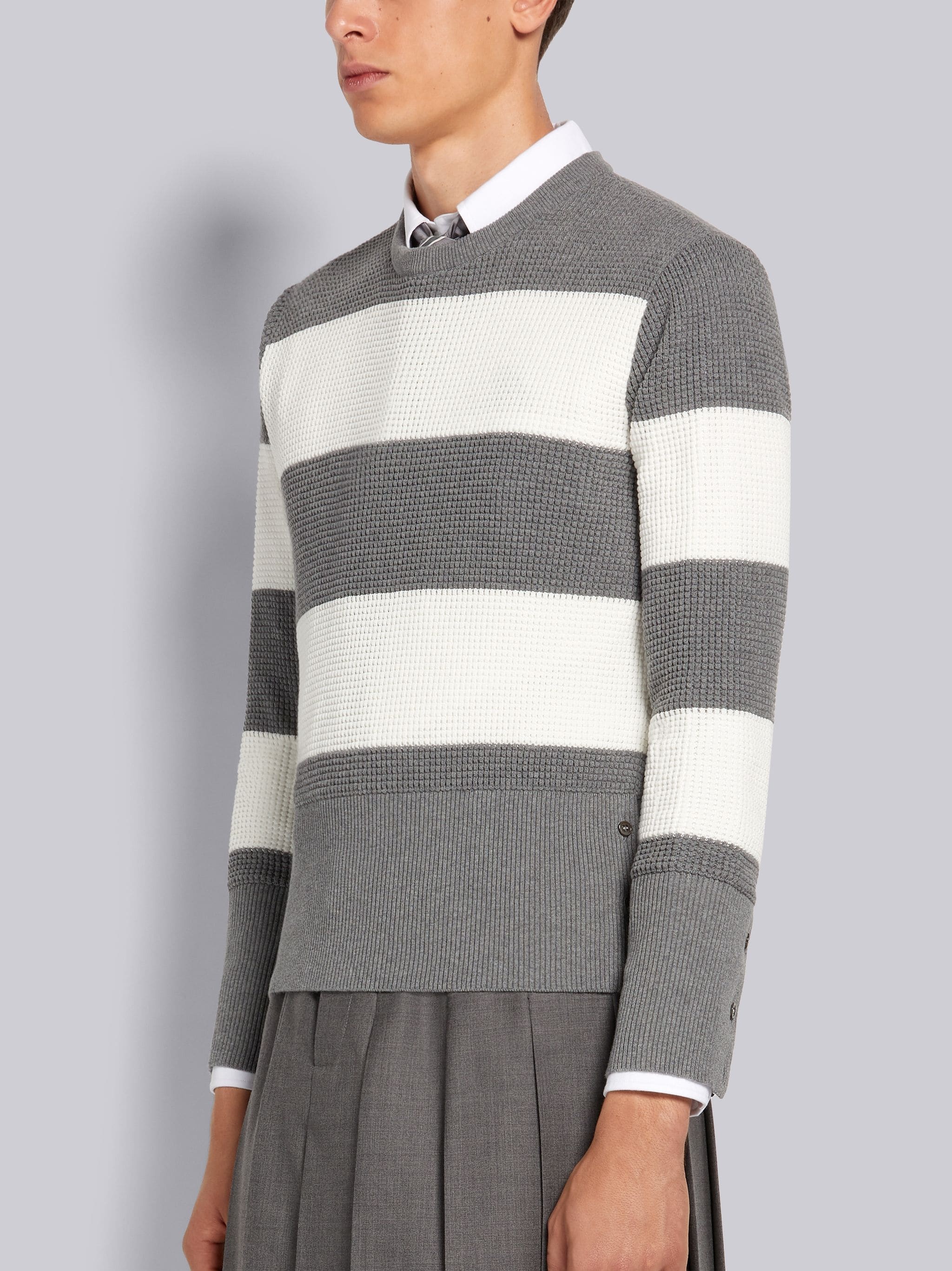 Light Grey Cotton Textured Rugby Stripe Classic Fit Crew Neck Pullover - 2