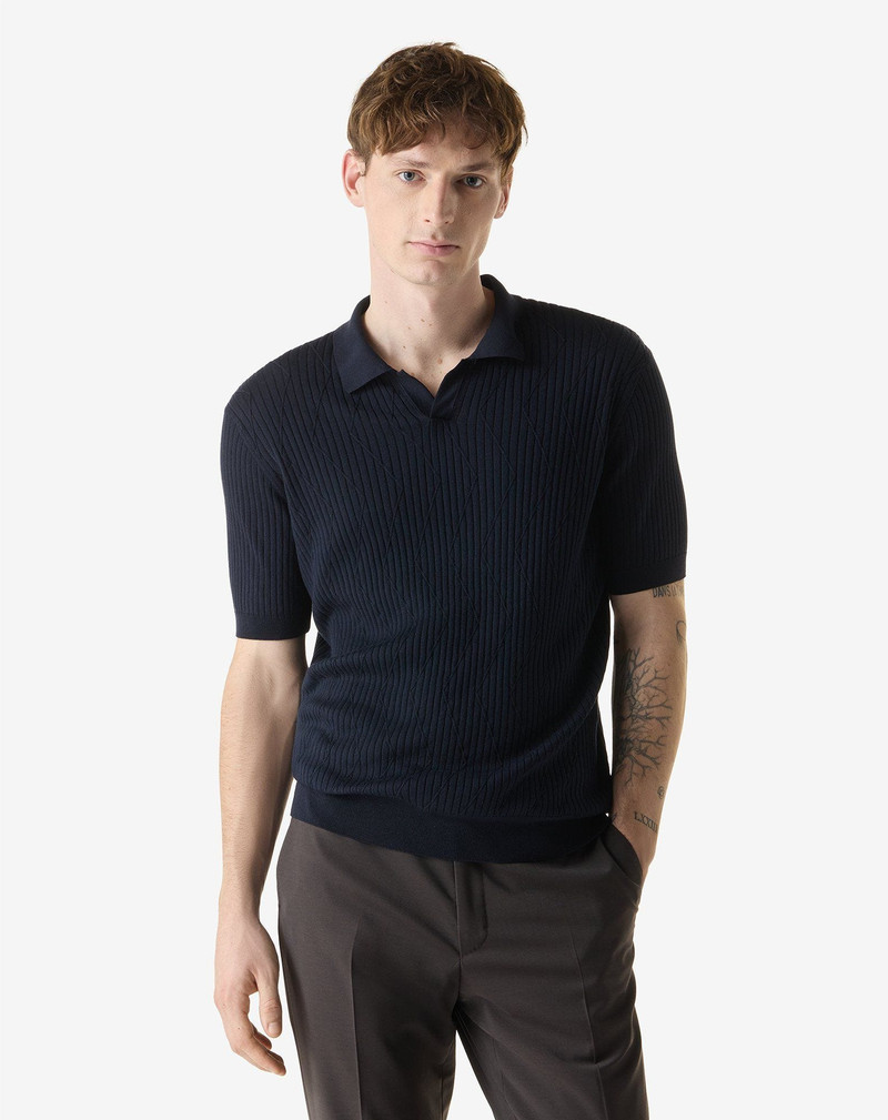 CORNELIANI Navy blue silk and organic cotton polo shirt outlook