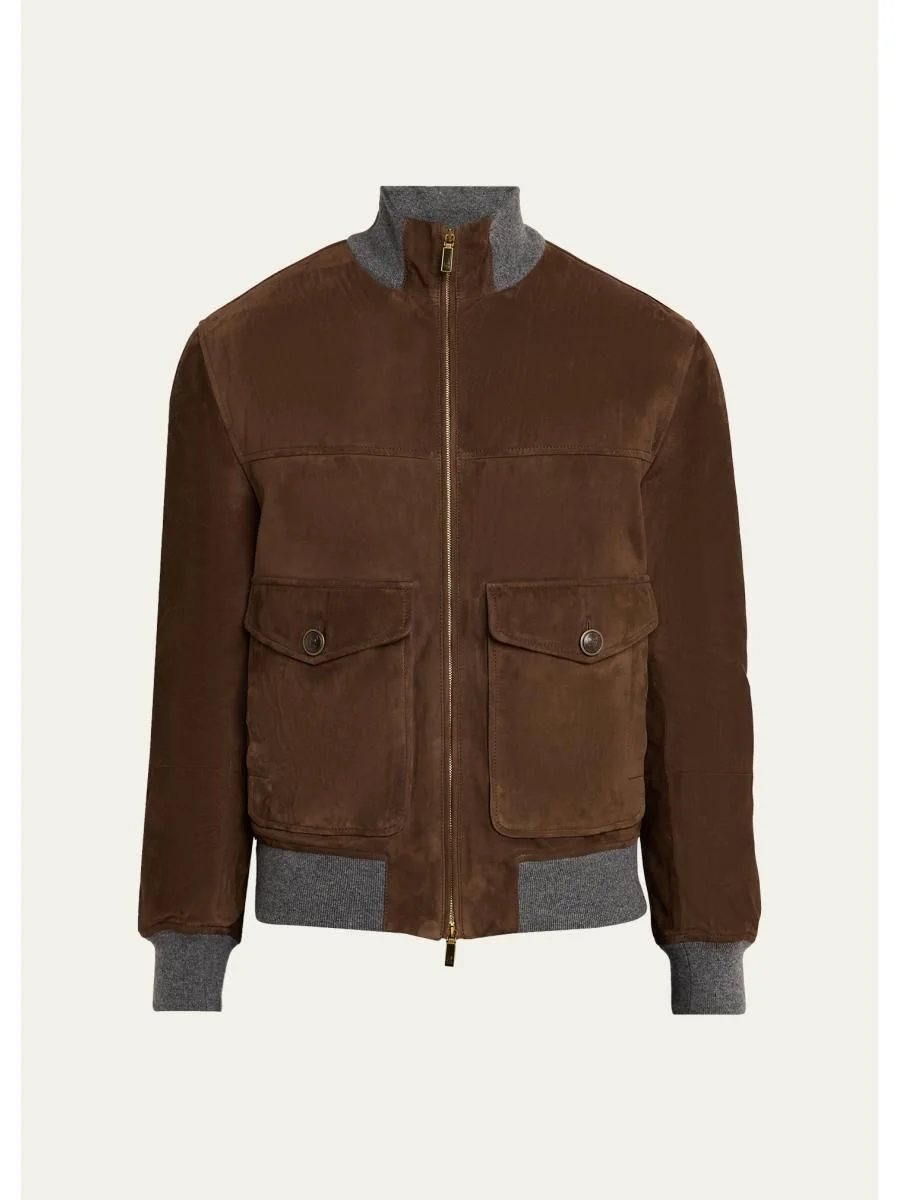 Men's Suede Knit-Trim Bomber Jacket - 1