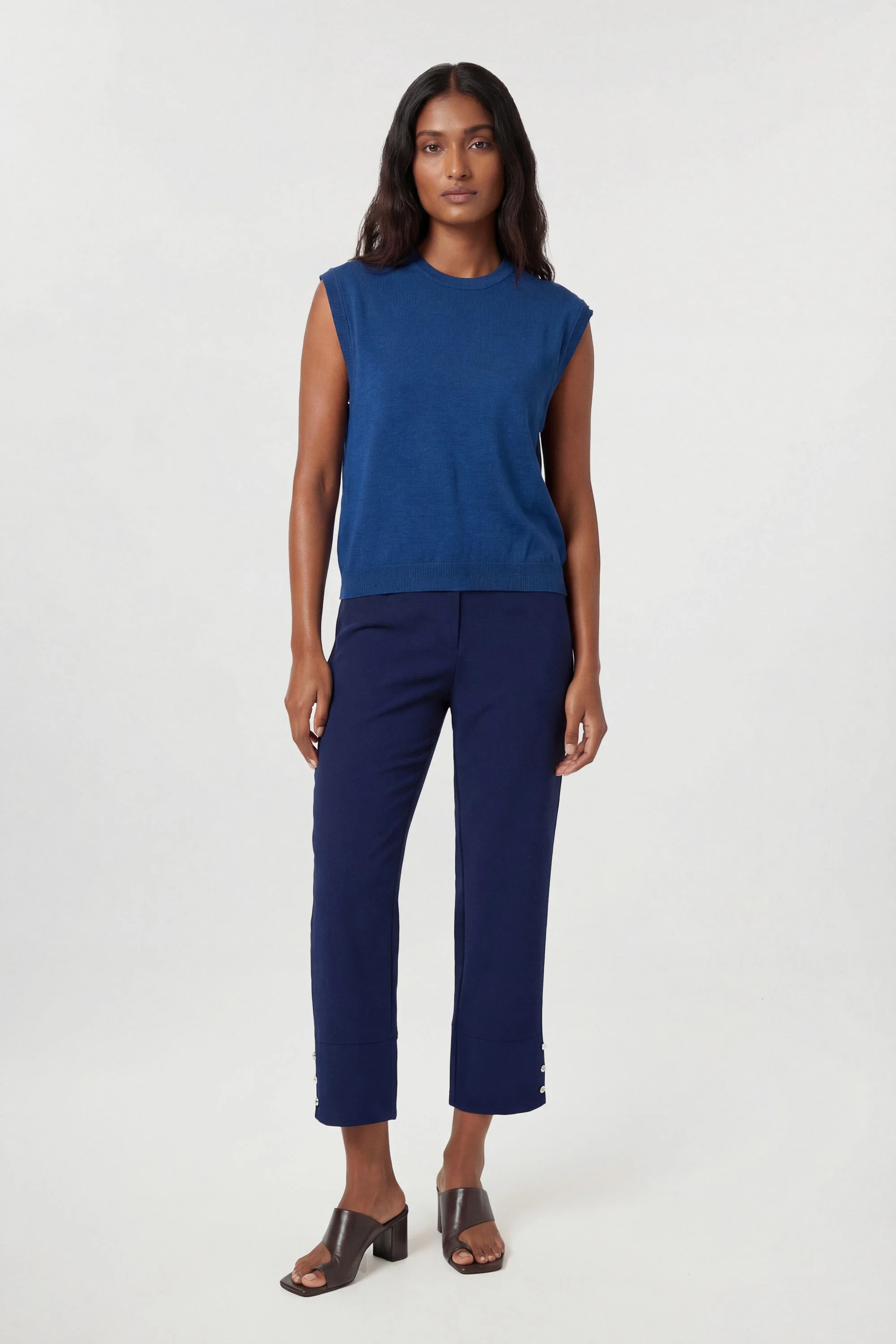 Compact Stretch Button Detail Straight Leg Trouser - 1