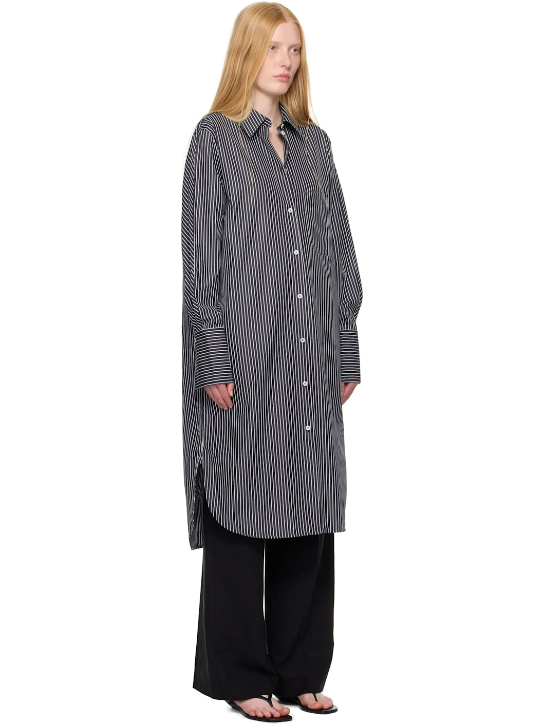 Black & Whte Striped Shirt Midi Dress - 2