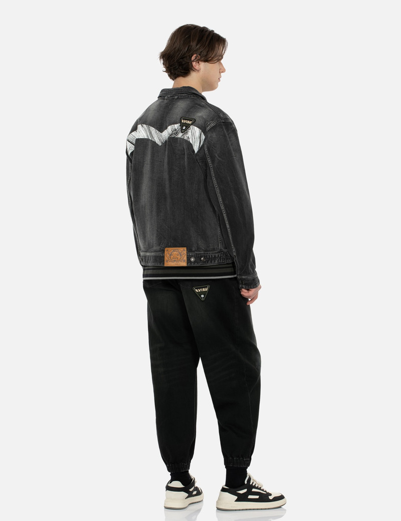 WASHED MULTIPLE BADGES AND BRUSHSTROKE DAICOCK PRINT RELAX FIT DENIM JACKET 3