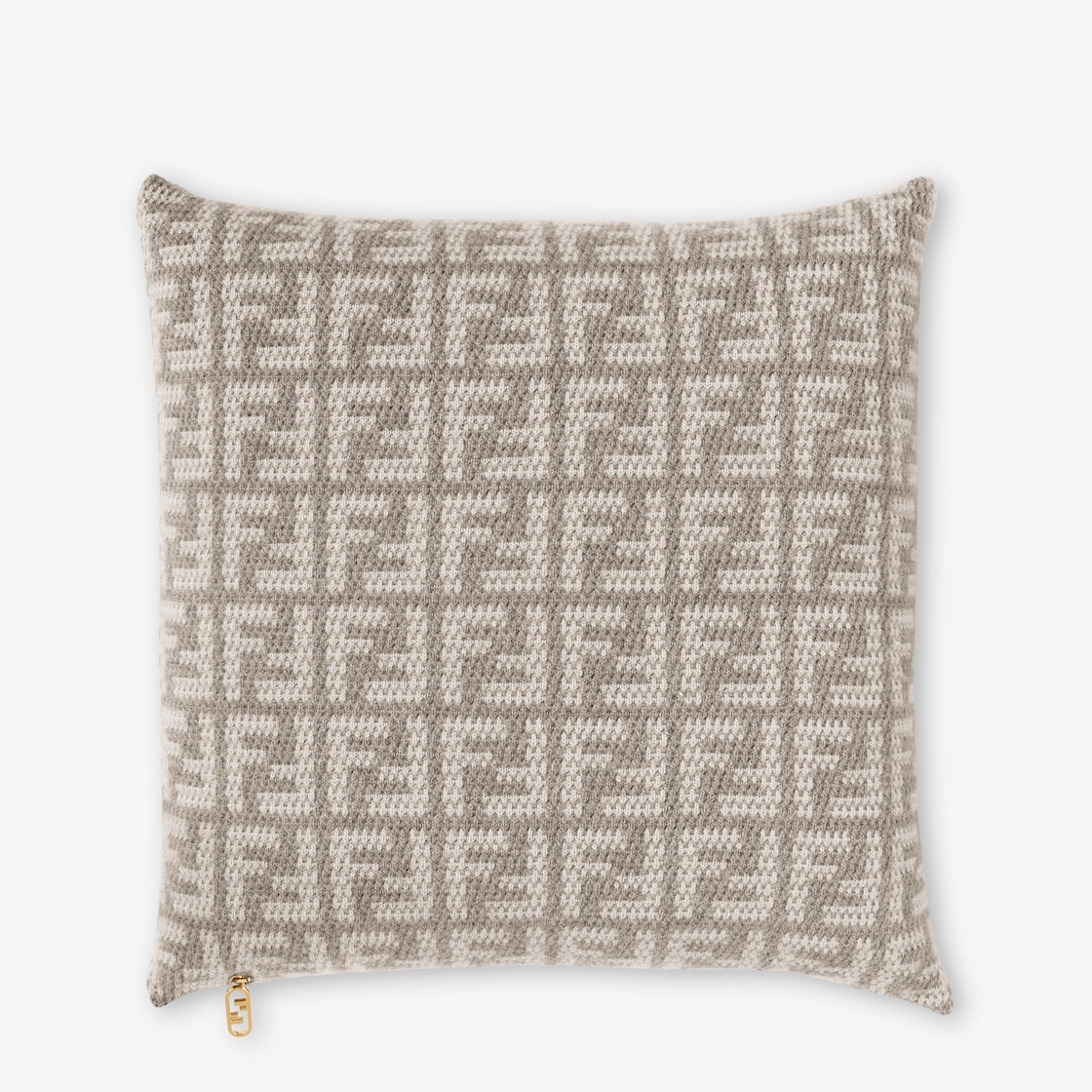 Two-tone soft cashmere square cushion with FF motif in natural tones of dove gray and white. Intent  - 1