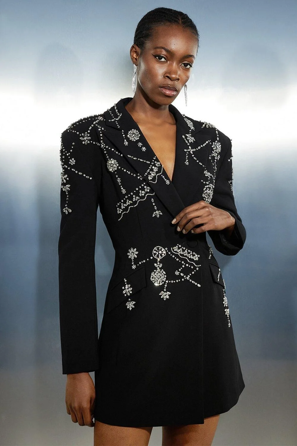 Crystal Embellished Cady Blazer Woven Mini Dress - 1