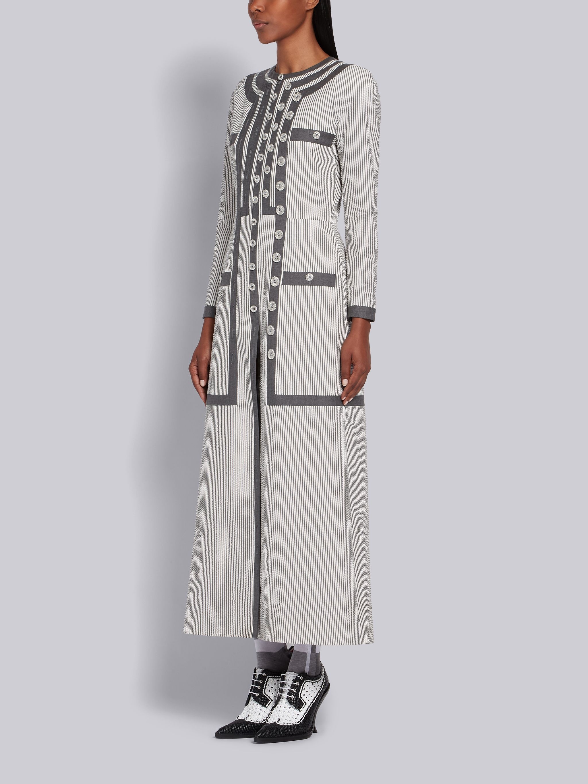 Medium Grey Wool Trompe L'oeil Seersucker Print Cardigan Dress - 2