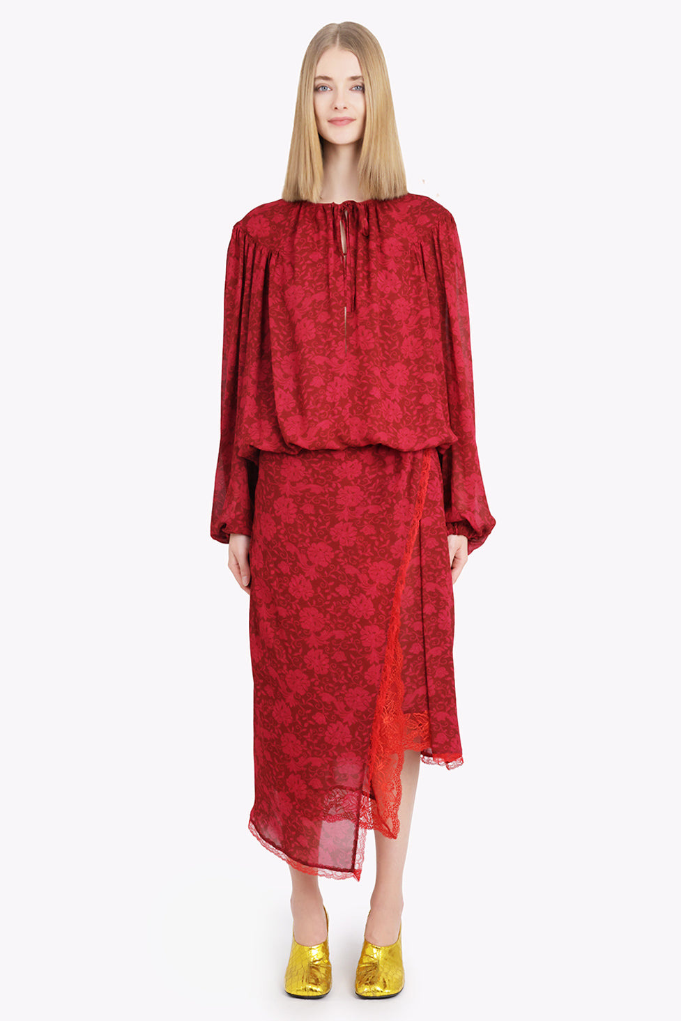 CATTI FLORAL PRINT L/S TIE BLOUSE | CHERRY RED - 6