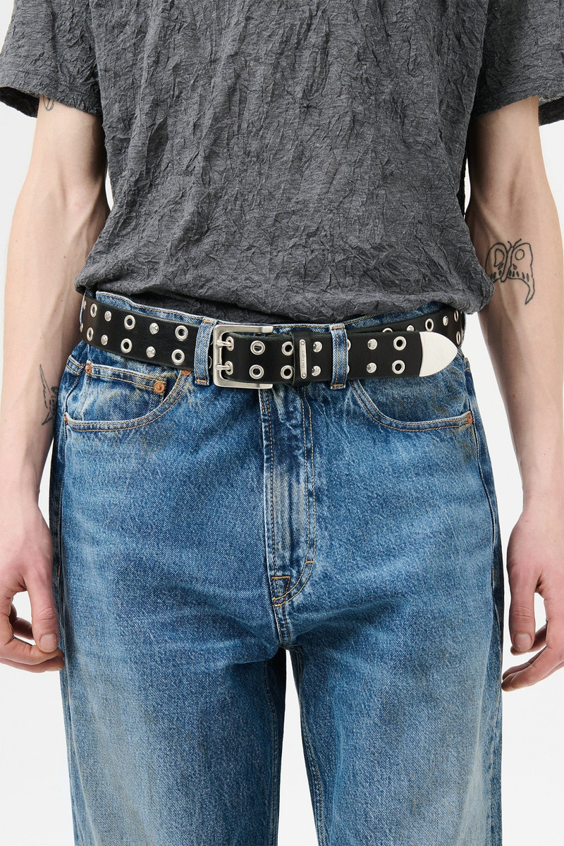 Studded Double Tongue Belt Flecking Black Leather 3