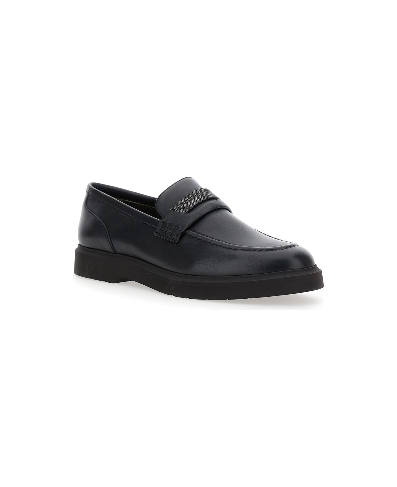 Black Loafers With Monil Detail On The Front In Smooth Leather Woman - 2