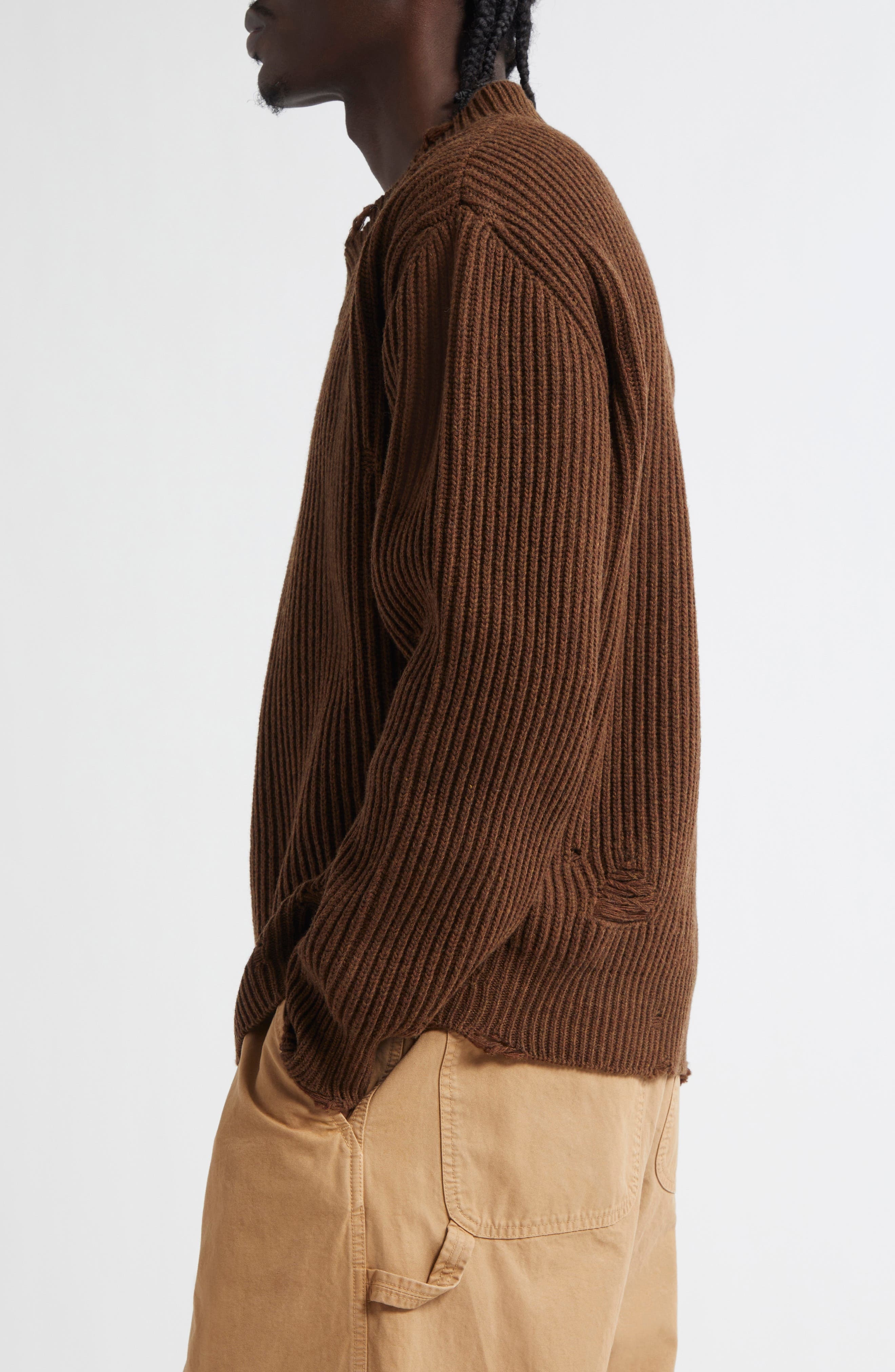 MM6 Maison Margiela Distressed Wool Blend V-Neck Sweater in Brown Melange at Nordstrom - 4