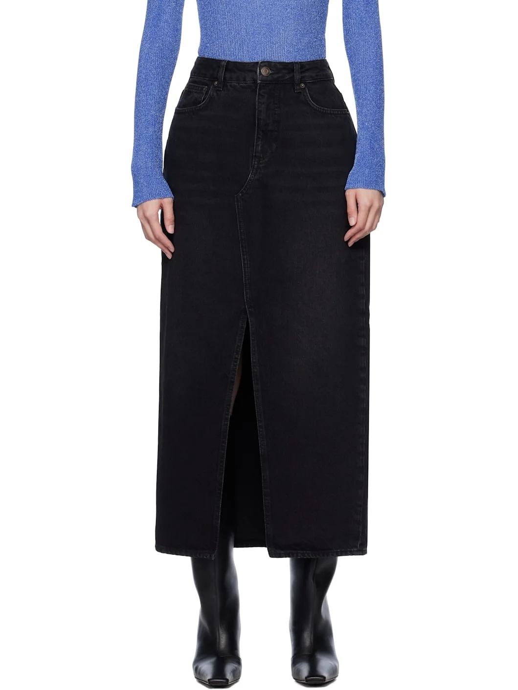 Black Slim Fit Denim Maxi Skirt - 1