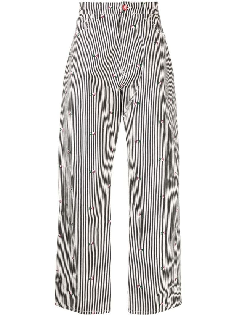 Blue Striped Floral Print Straight Leg Jeans - 1