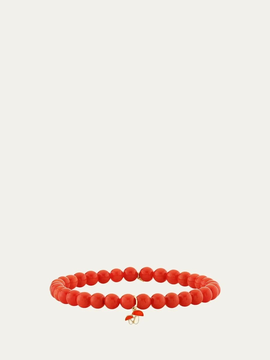 14K Mushroom Charm on Peach Coral Stretch Bracelet - 1