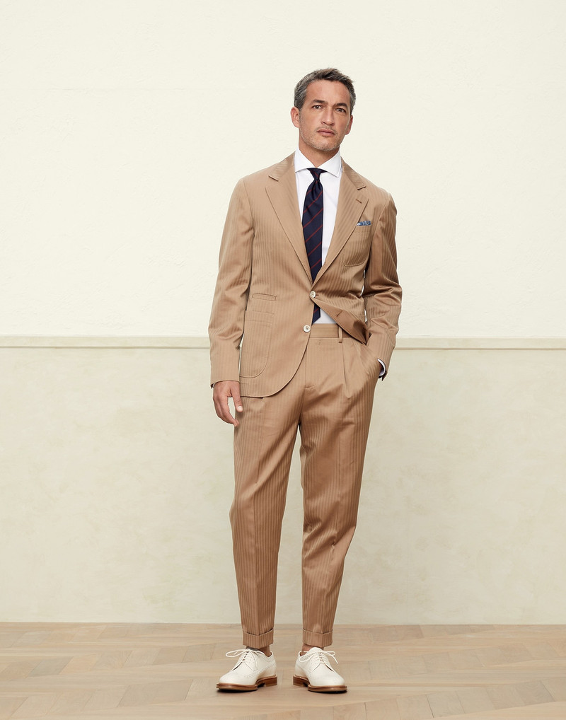 Brunello Cucinelli Cotton chevron solaro easy fit trousers with double pleats and tabbed waistband outlook