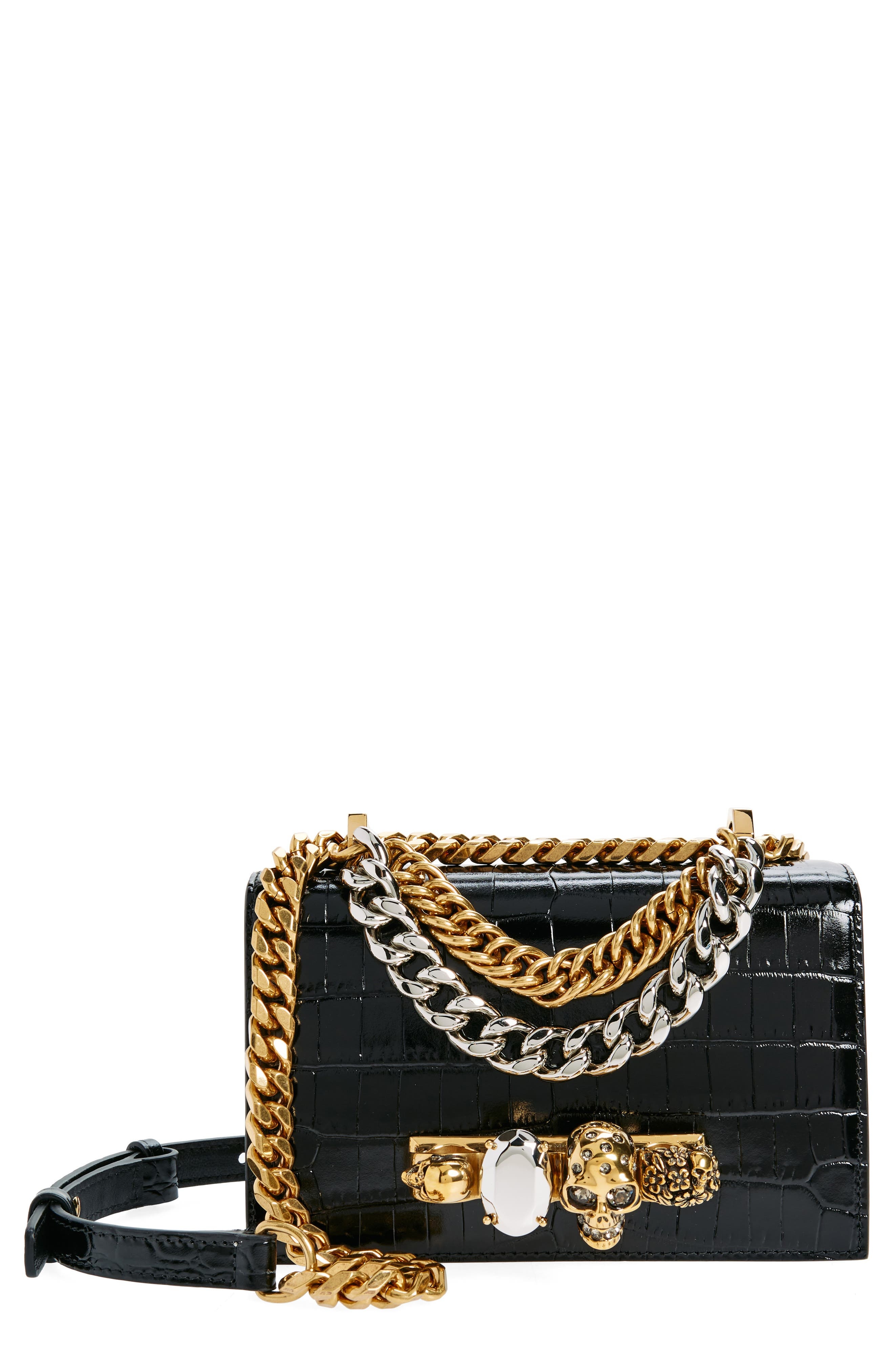 Alexander McQueen Mini Jeweled Croc Embossed Leather Satchel in Black at Nordstrom - 1