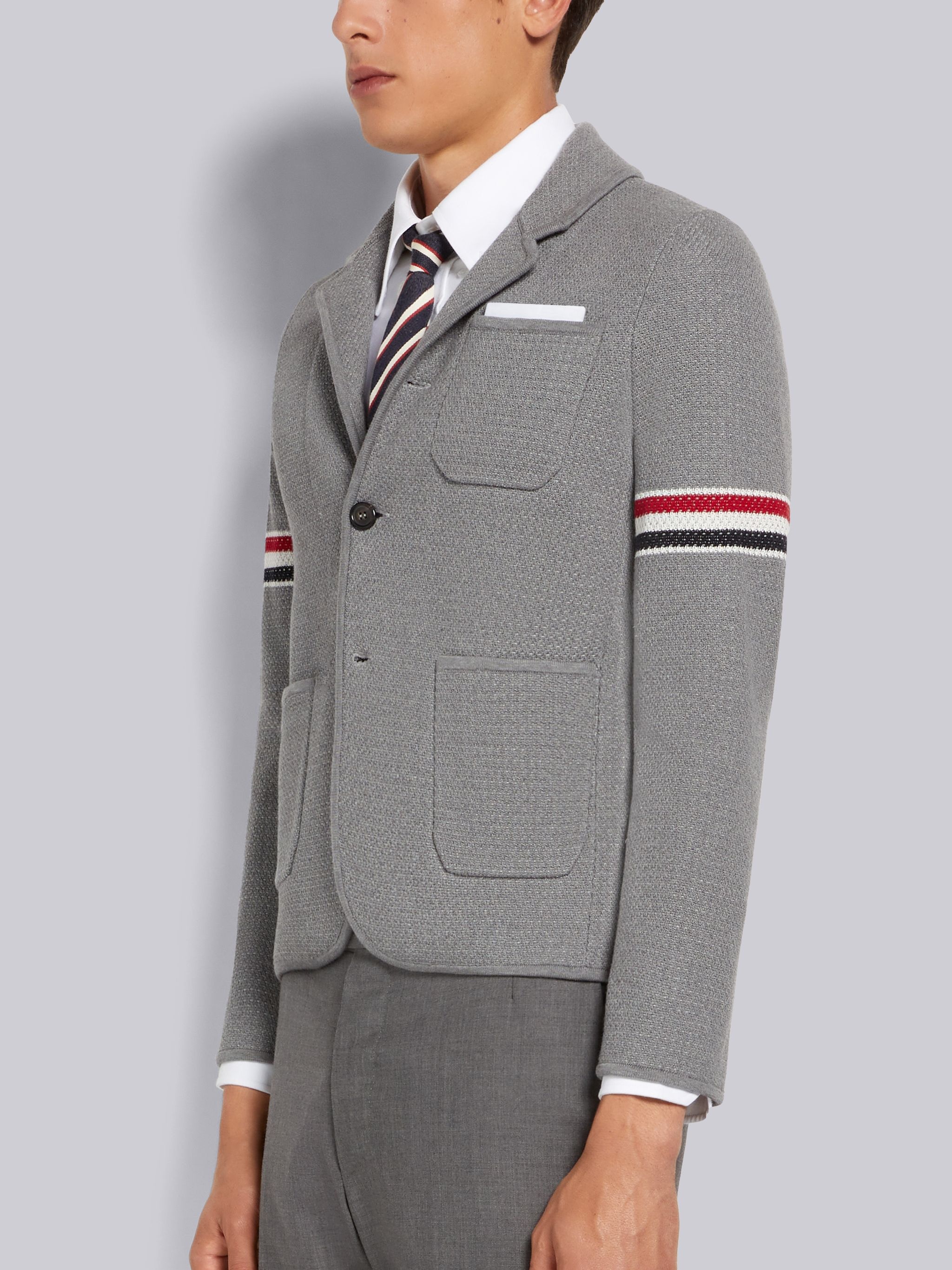 Light Grey Textured Jacquard Stripe Armband Jacket - 2