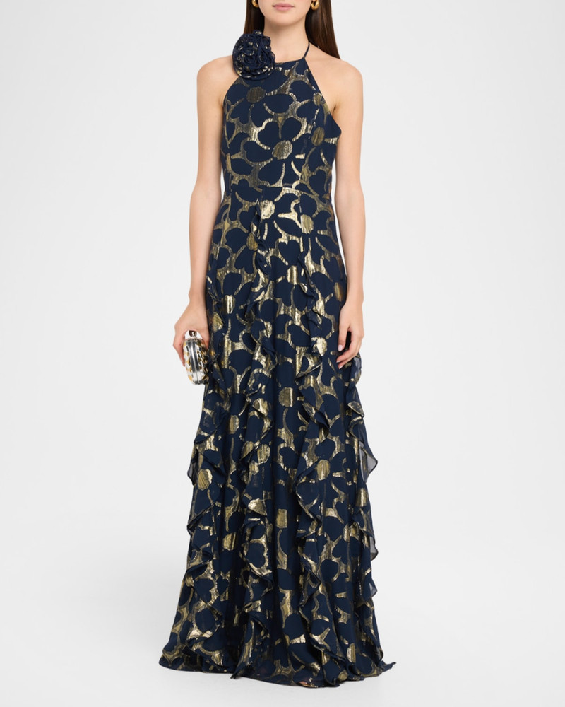 RAMY BROOK Idella Ruffle-Trim Metallic Floral Halter Gown outlook