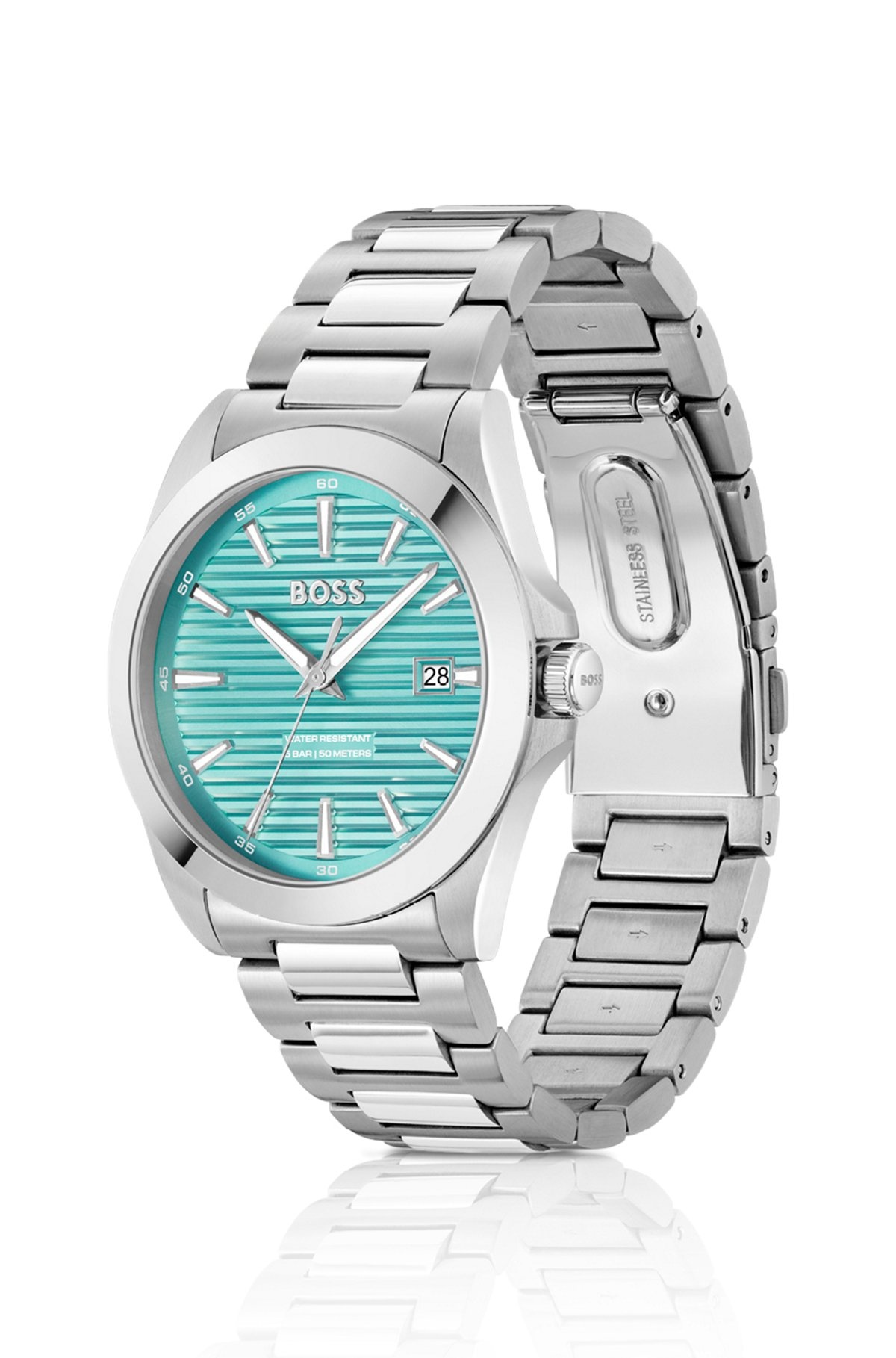 SILVER-TONE WATCH WITH GROOVED TURQUOISE DIAL - 2