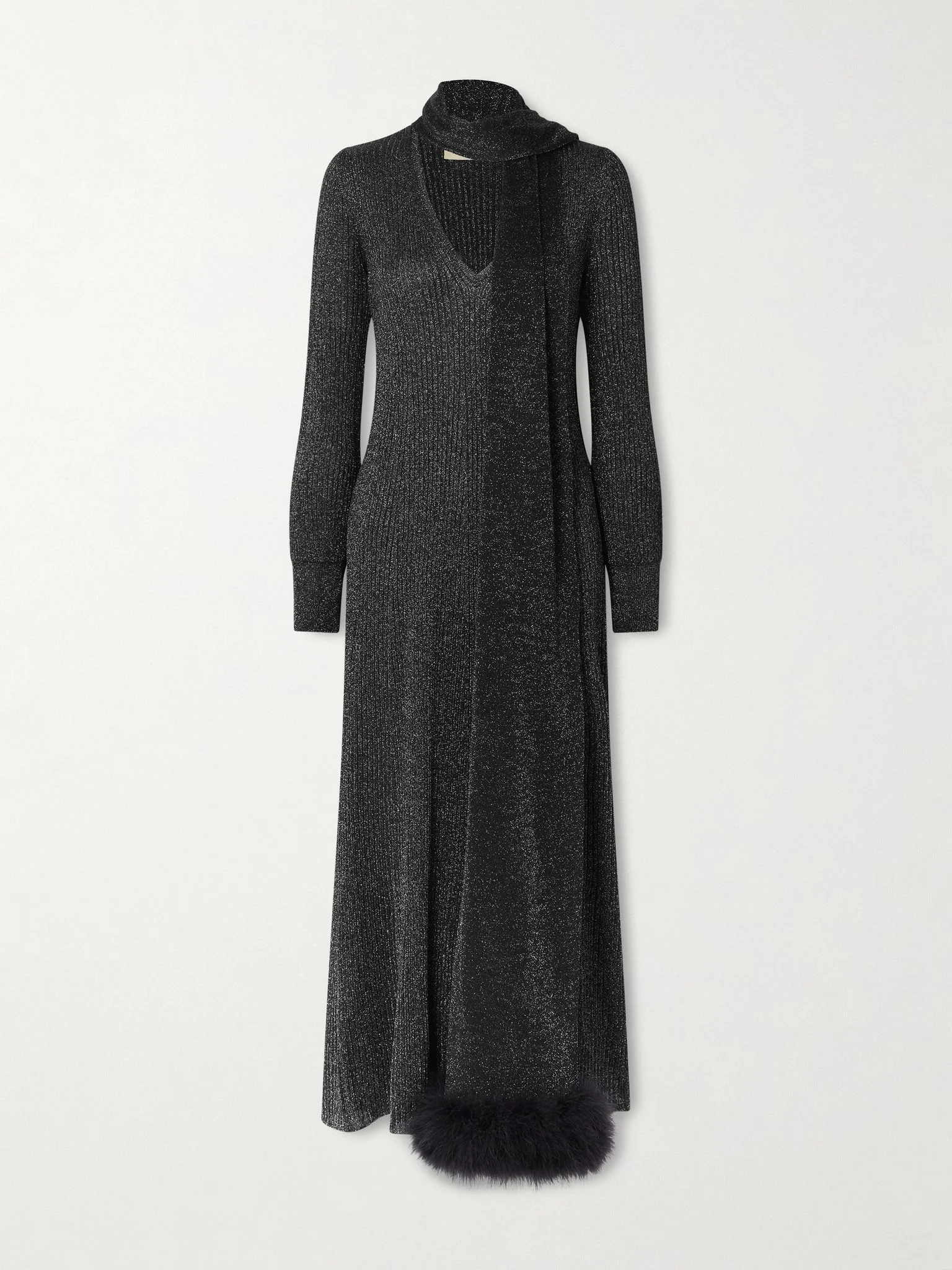 Scarf-detailed feather-trimmed metallic ribbed-knit midi dress Black - 1