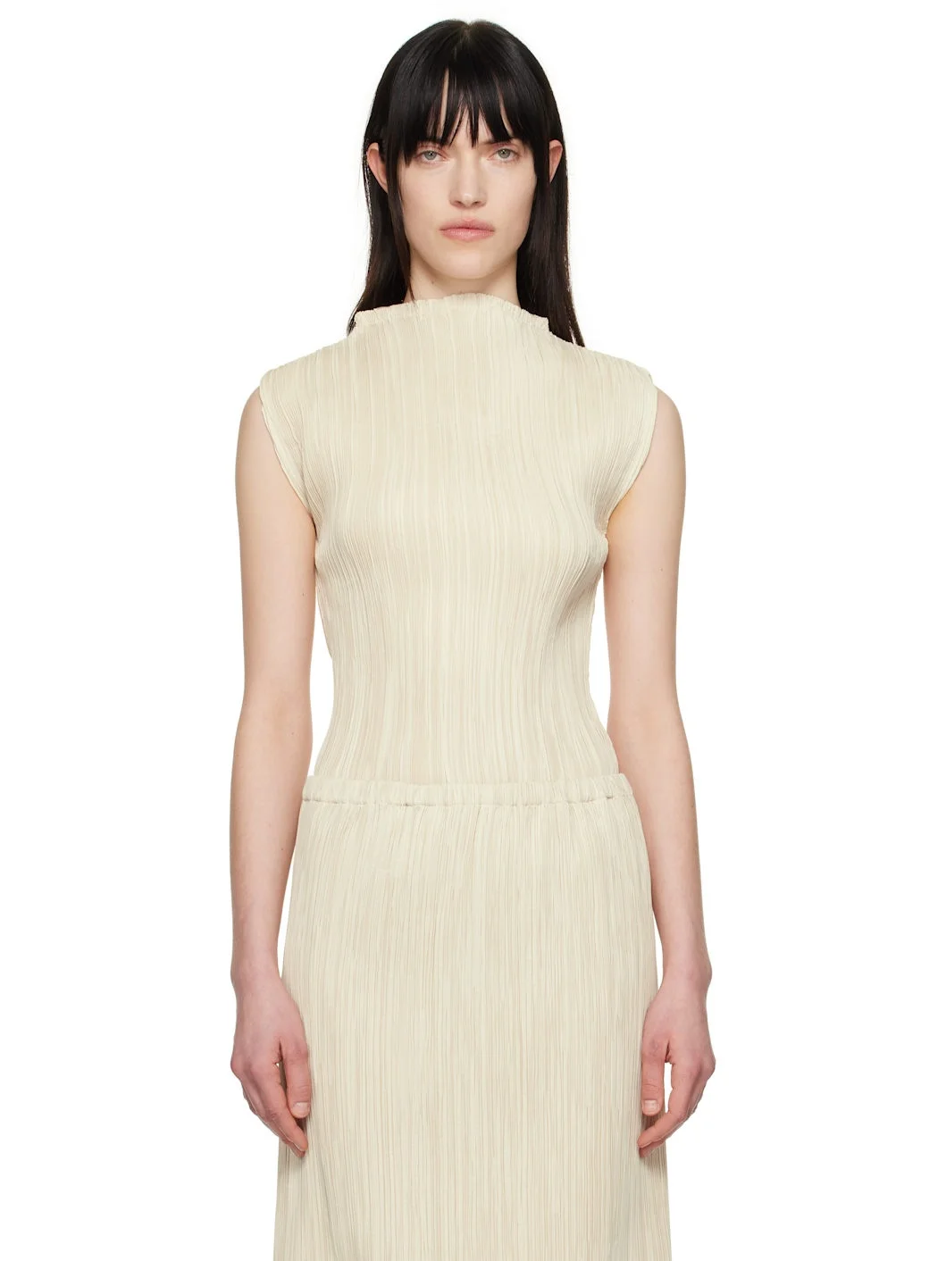 Beige Pleated Mock Neck Sleeveless Top - 1