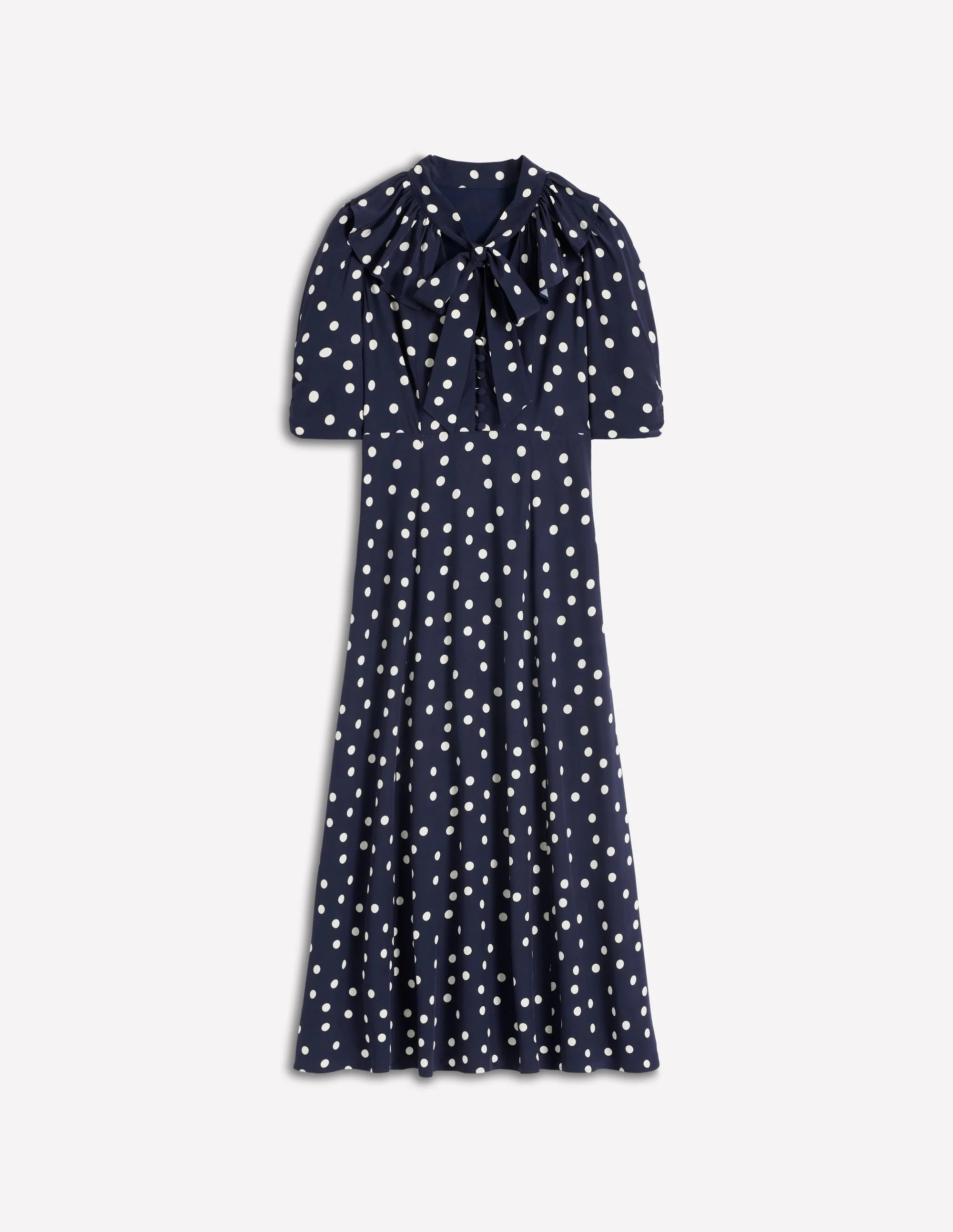 Ruffle Collar Midi Dress-French Navy Painted Spaced Dot - 1