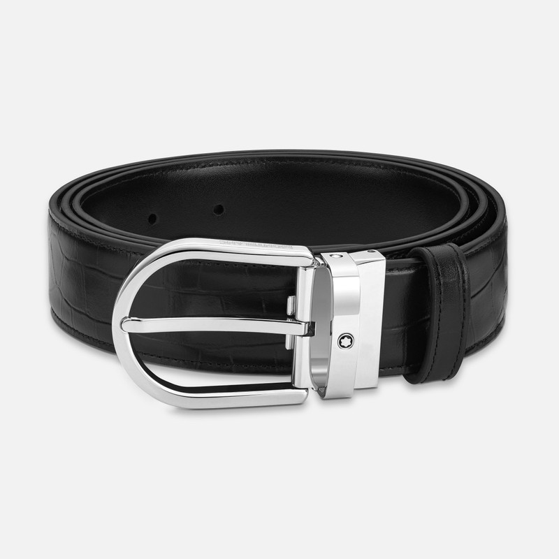 Horseshoe buckle printed black/plain black 35 mm reversible leather belt 1