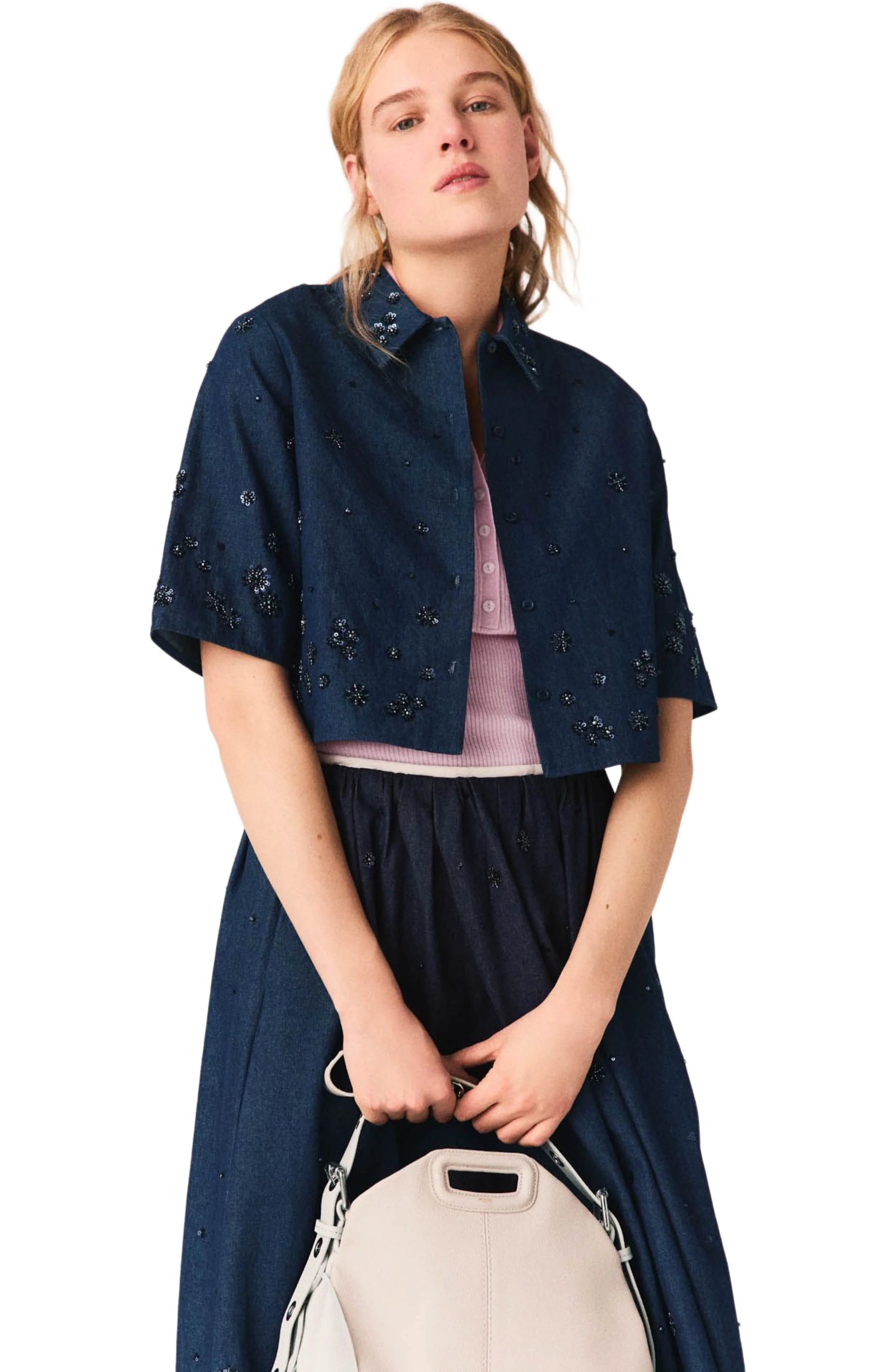 maje Embroidered cropped denim shirt in Navy at Nordstrom - 1