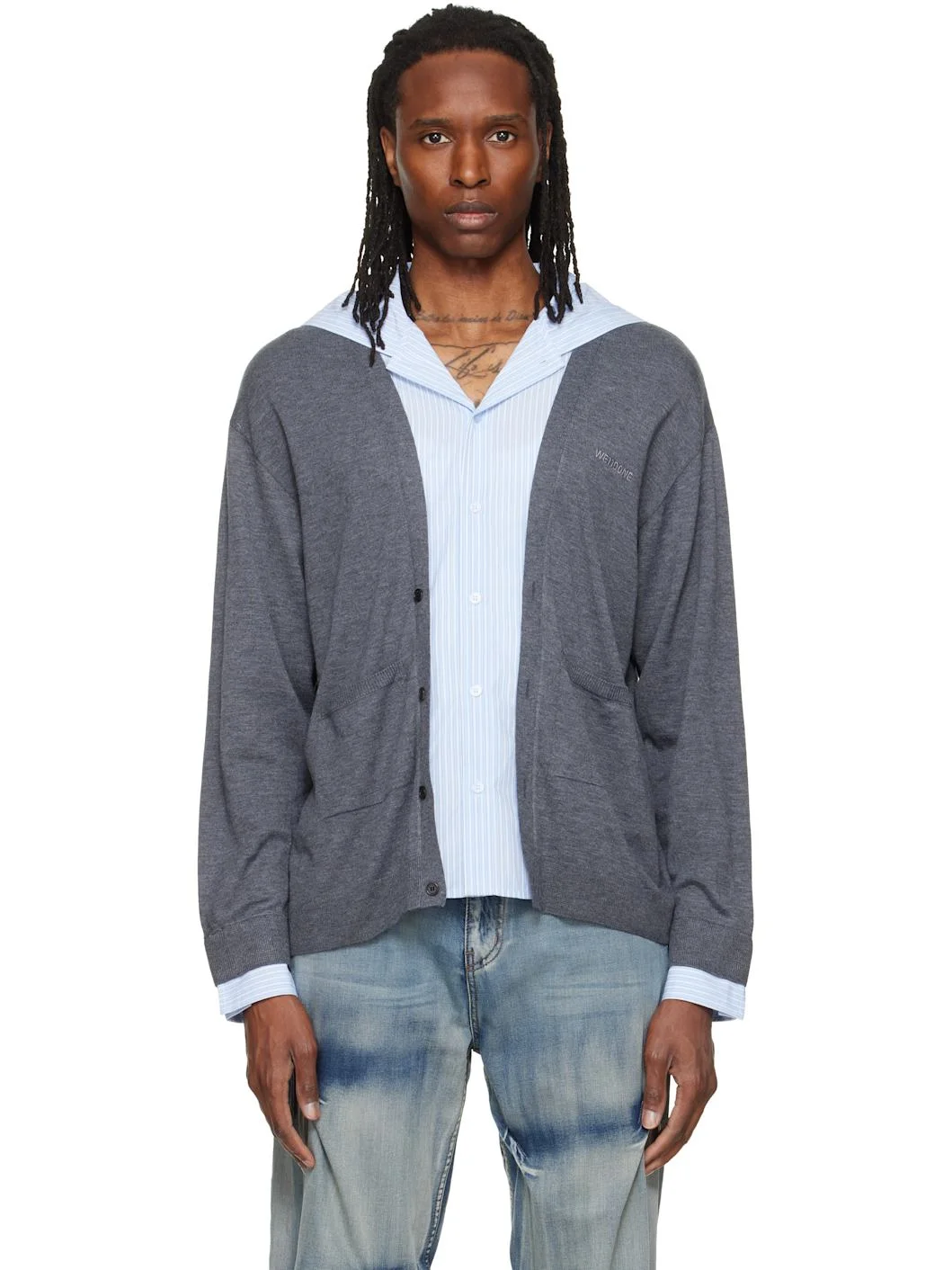 Gray Hooded Shirt-Layered Cardigan - 1