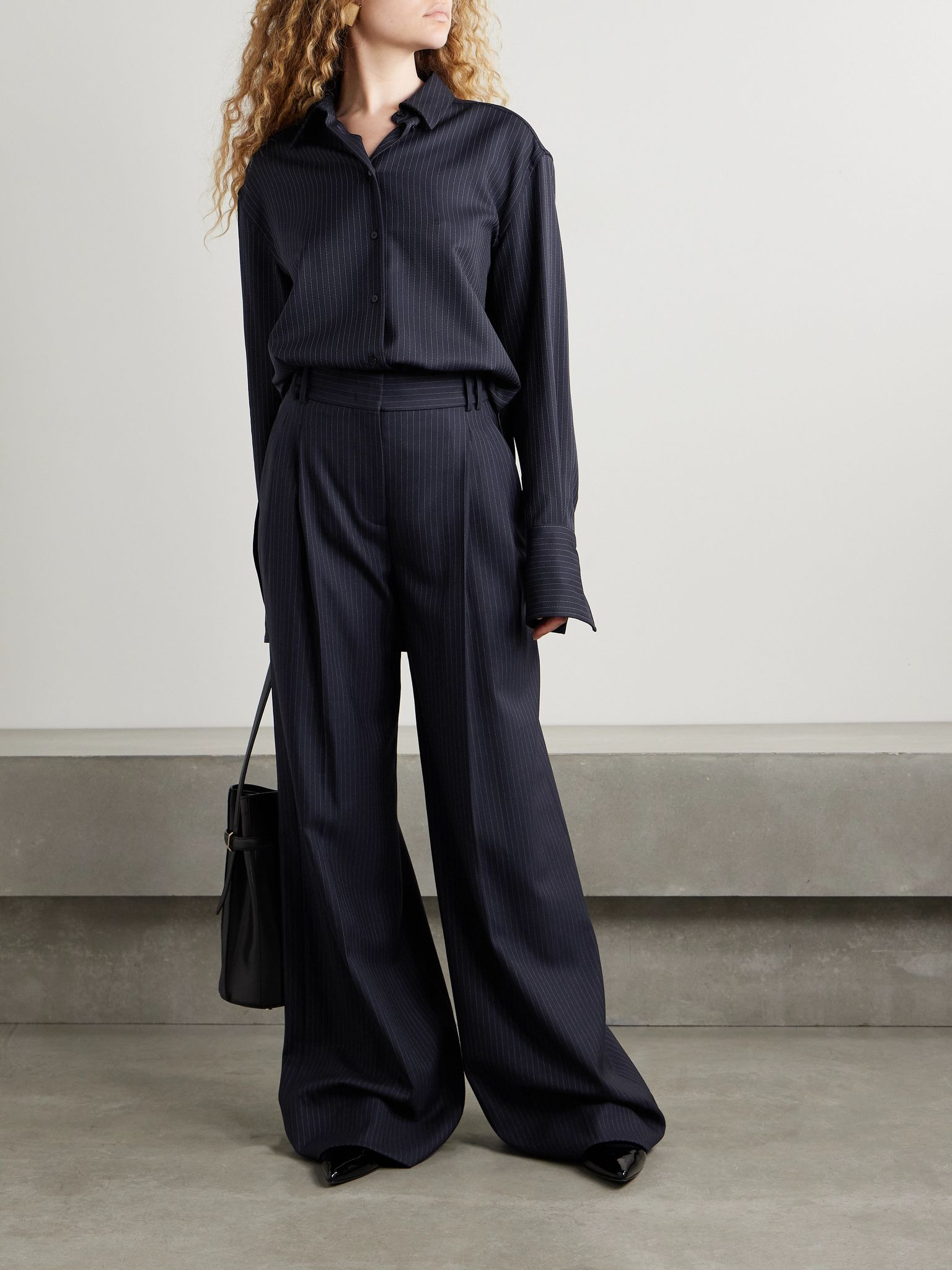 Pleated pinstriped wool-blend wide-leg pants Navy - 2