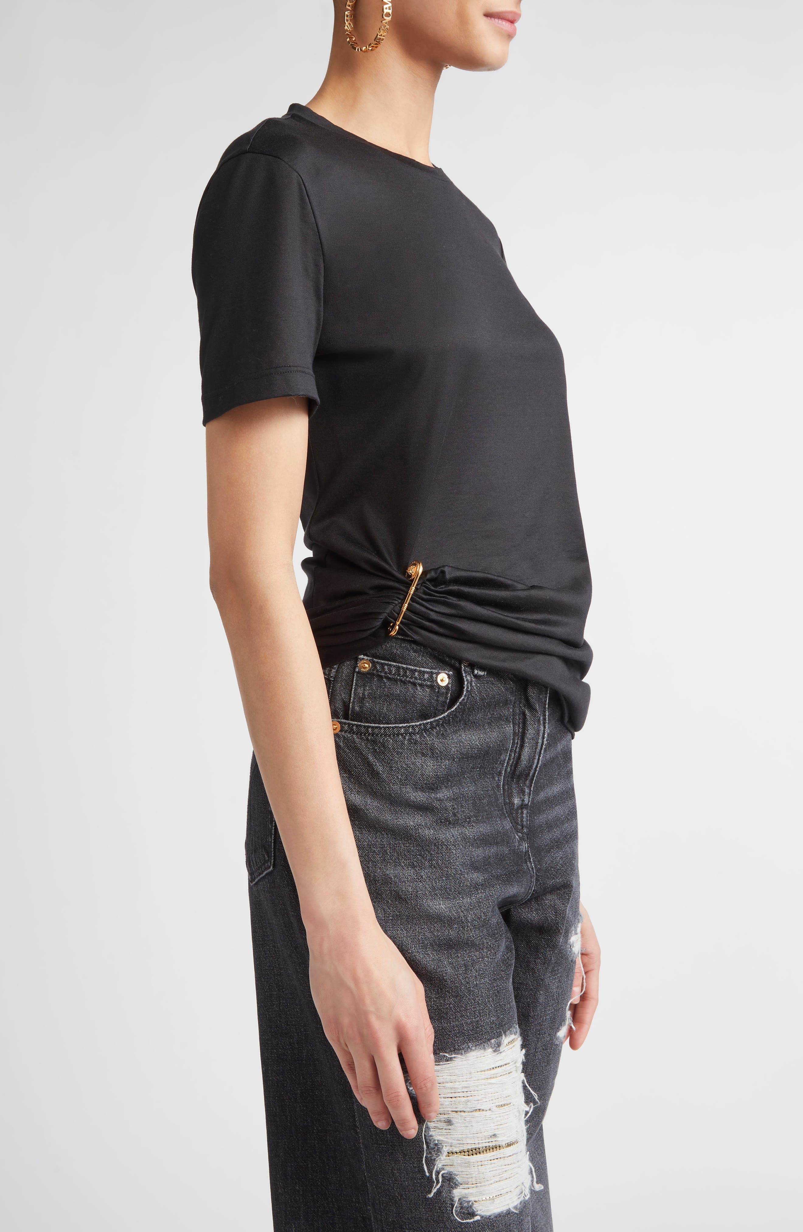 Versace Safety Pin Silk & Cotton T-Shirt in Black at Nordstrom - 4