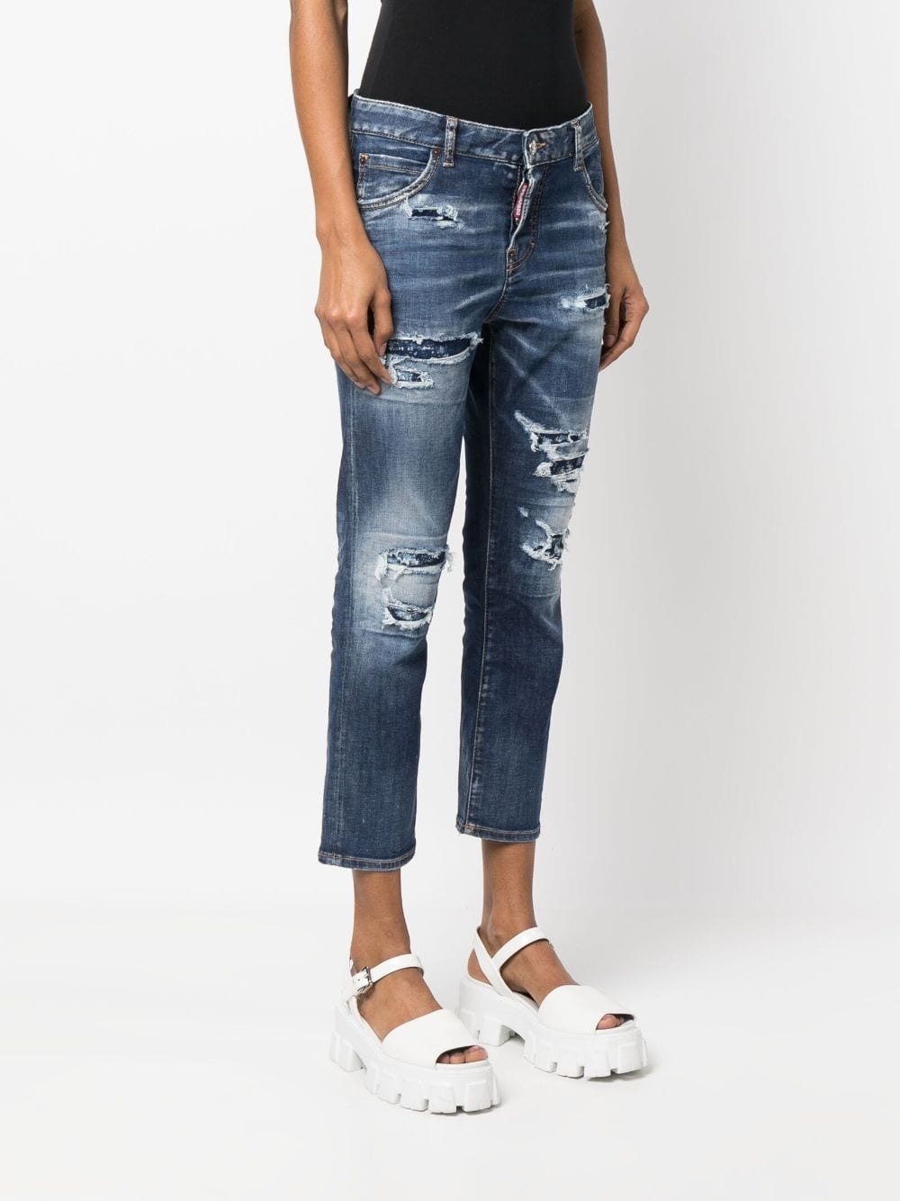 distressed logo-patch cropped jeans - 3