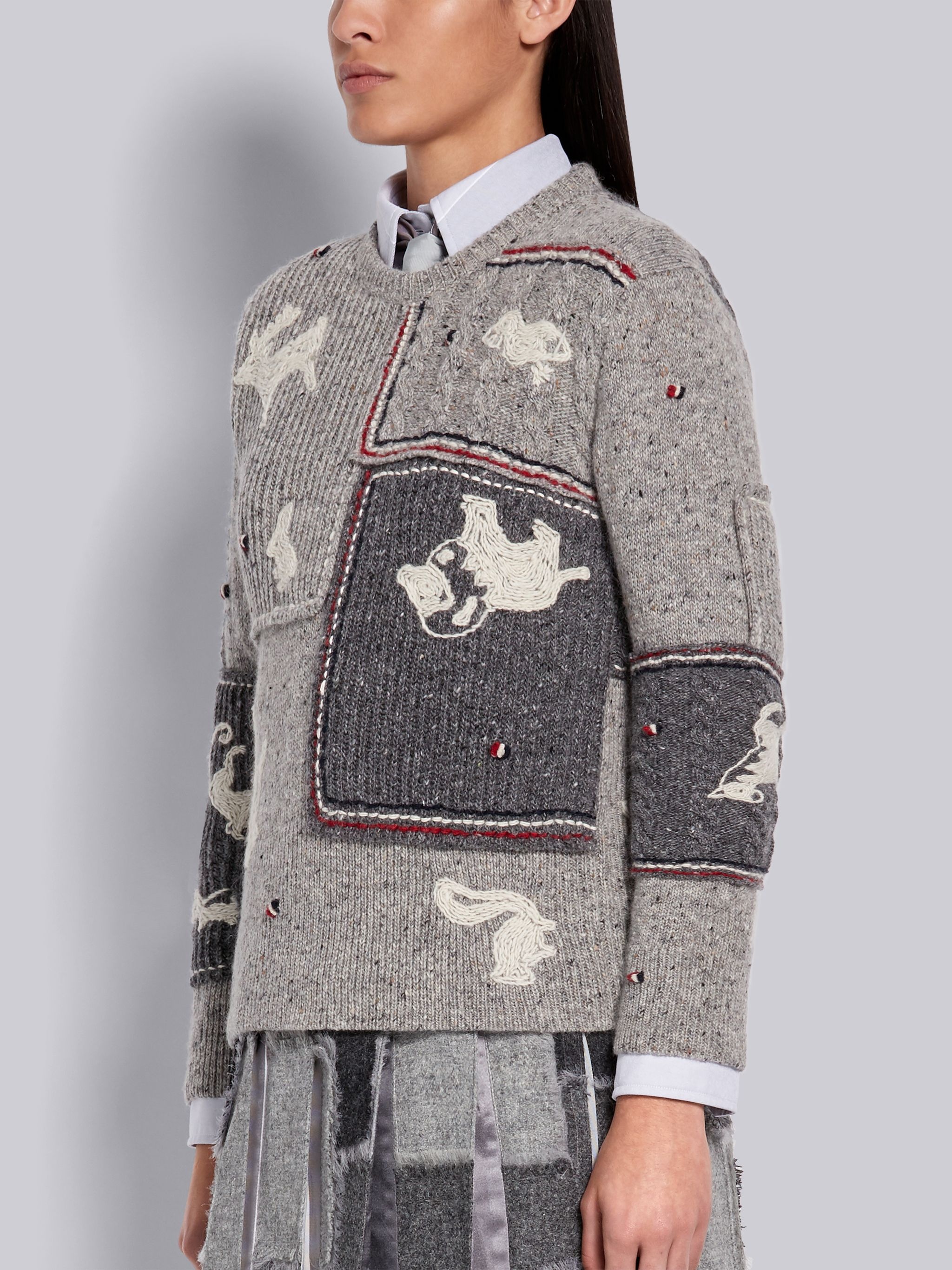 Light Grey Wool Mohair Tweed Hand Embellished Animal Icon Crewneck Pullover - 2