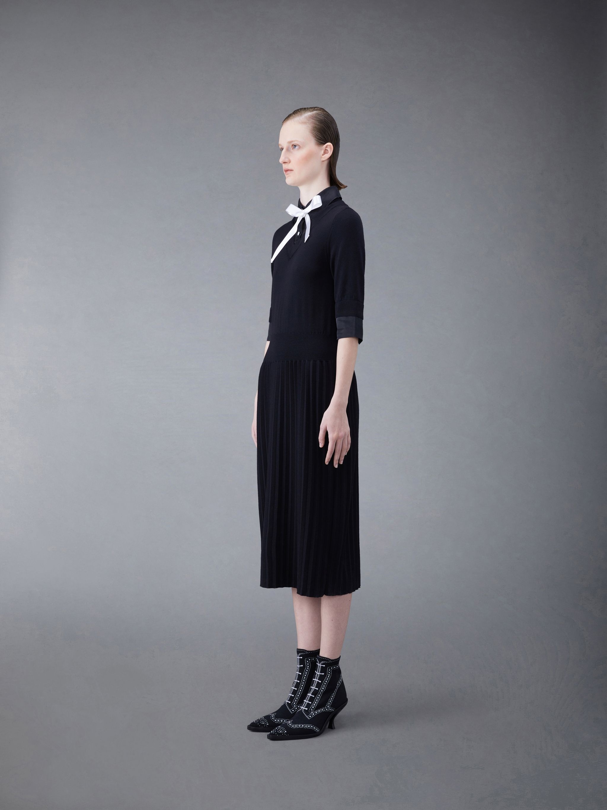 Wool Jersey Organza Pleated Bottom Ribbon Tie Combo Shirtdress - 2