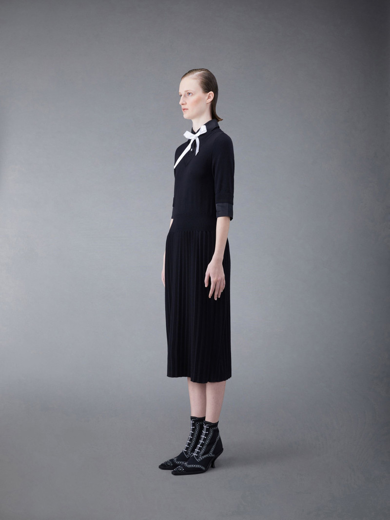 Thom Browne Wool Jersey Organza Pleated Bottom Ribbon Tie Combo Shirtdress outlook
