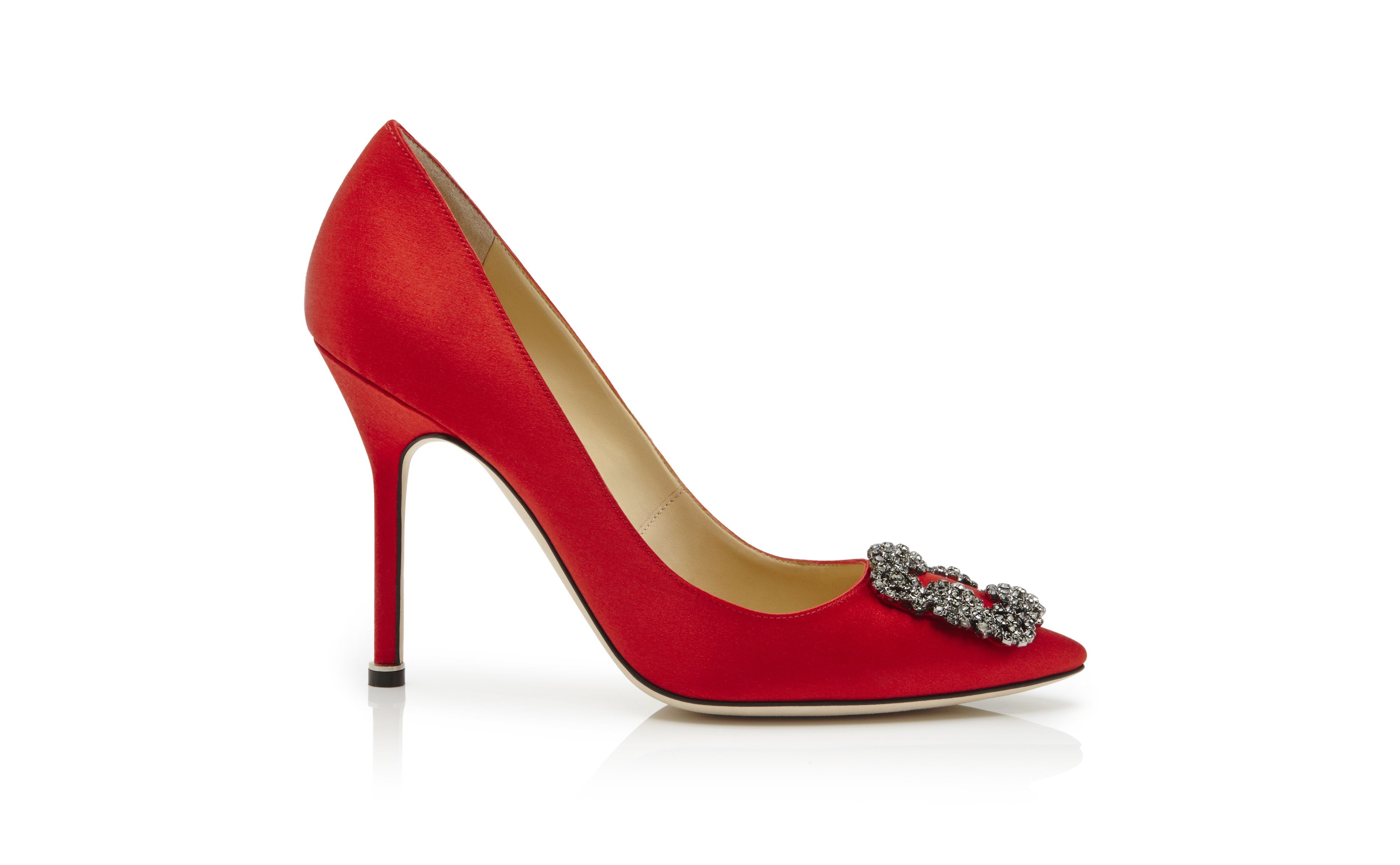 Red Satin Jewel Buckle Pumps - 1