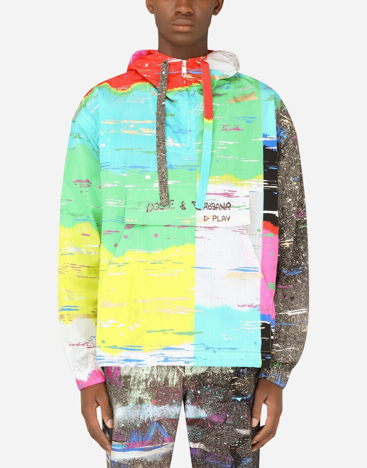 Nylon hoodie with multi-colored glitch print - 1