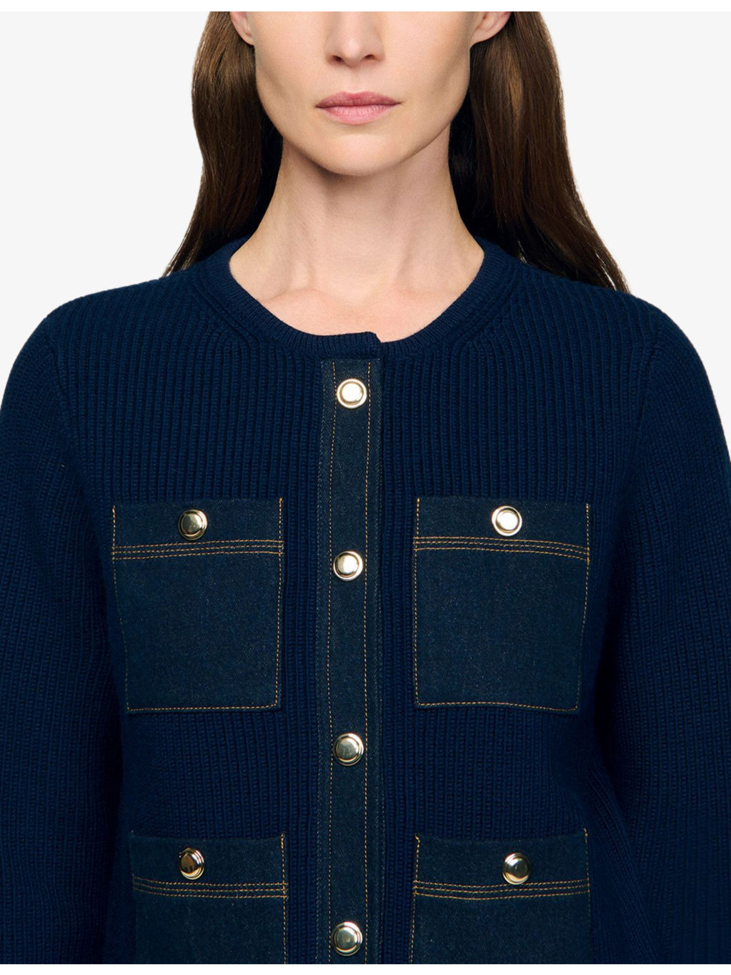 Denim-Pocket Ribbed Wool Cardigan - 5